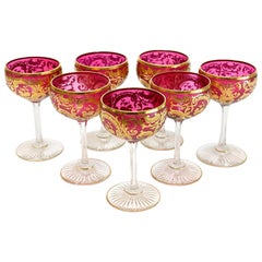 Exquisite Baccarat Cranberry Red and Gilt Wine Glass Goblets