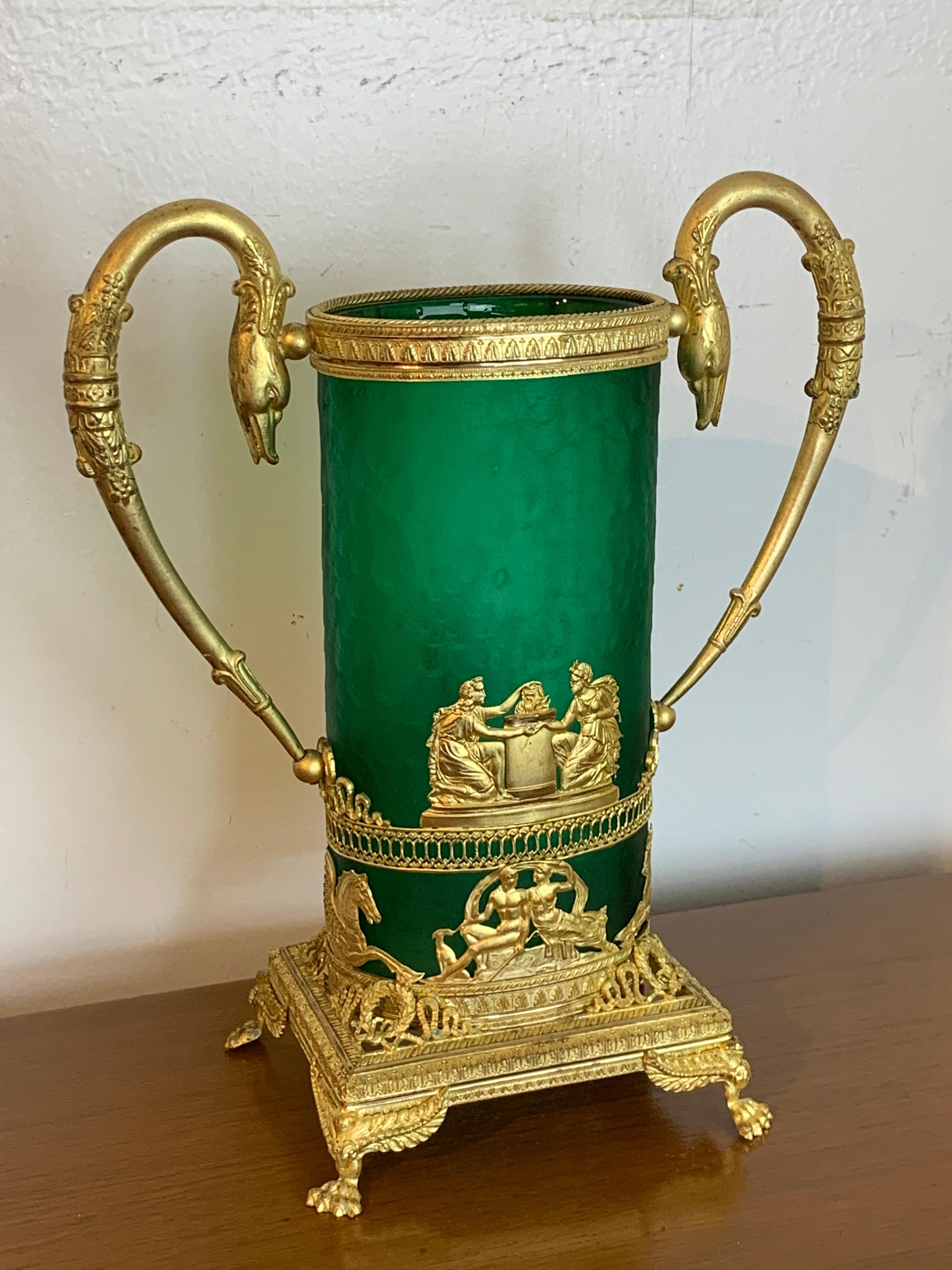 French Exquisite Baccarat Empire Style Ormolu Mounted Vase, in Green