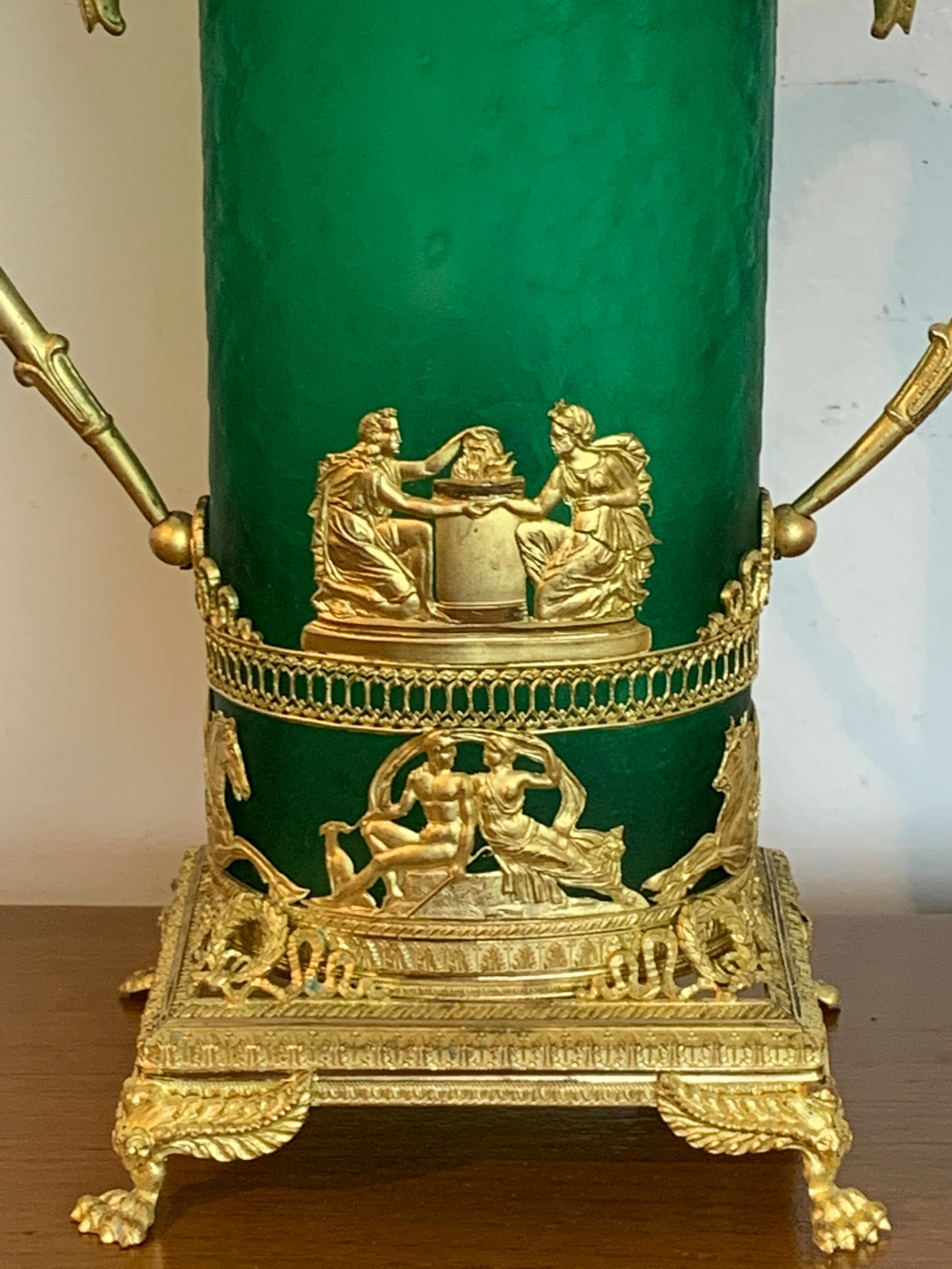 Exquisite Baccarat Empire Style Ormolu Mounted Vase, in Green In Good Condition In West Palm Beach, FL