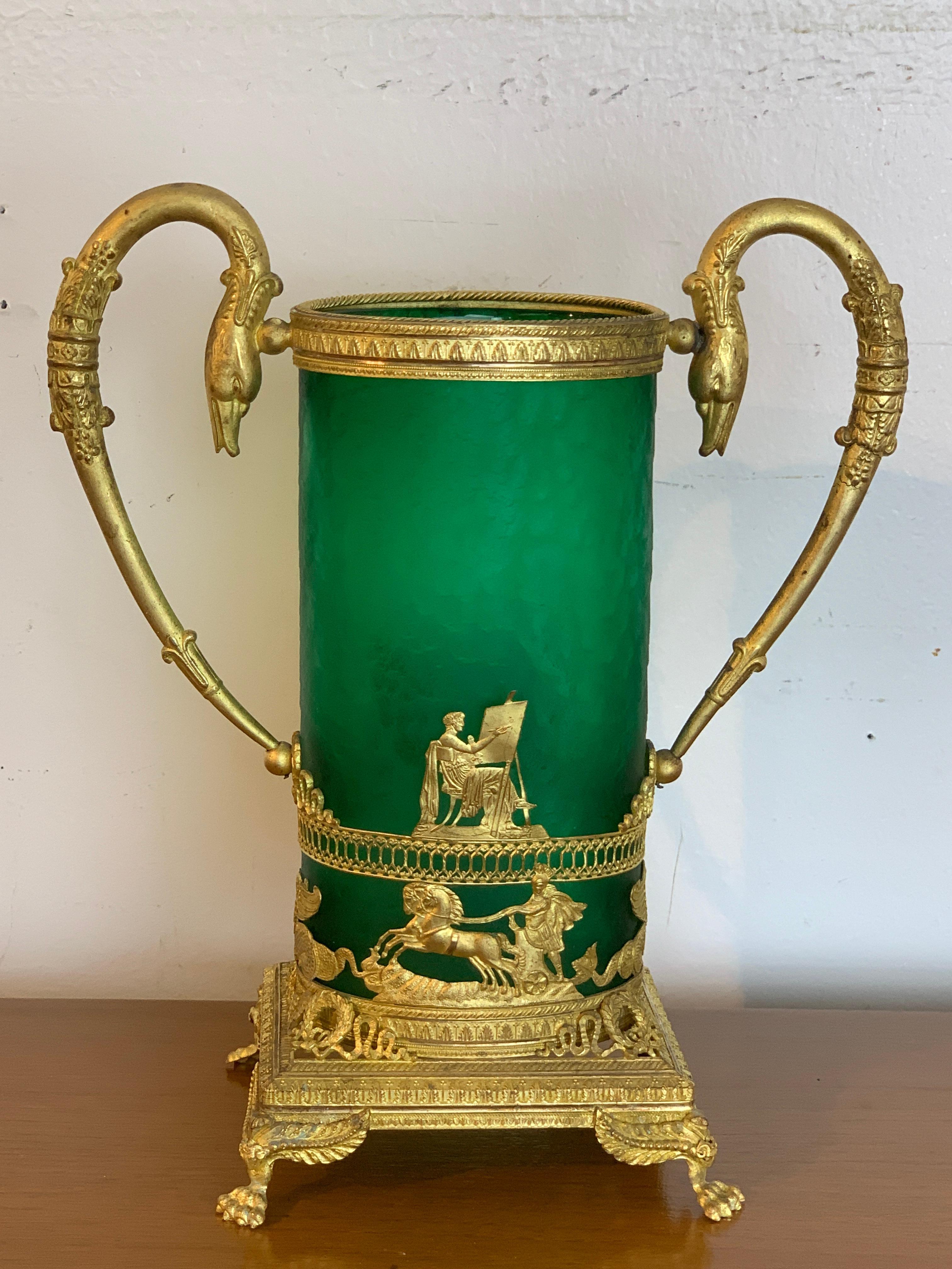 Exquisite Baccarat Empire Style Ormolu Mounted Vase, in Green 1