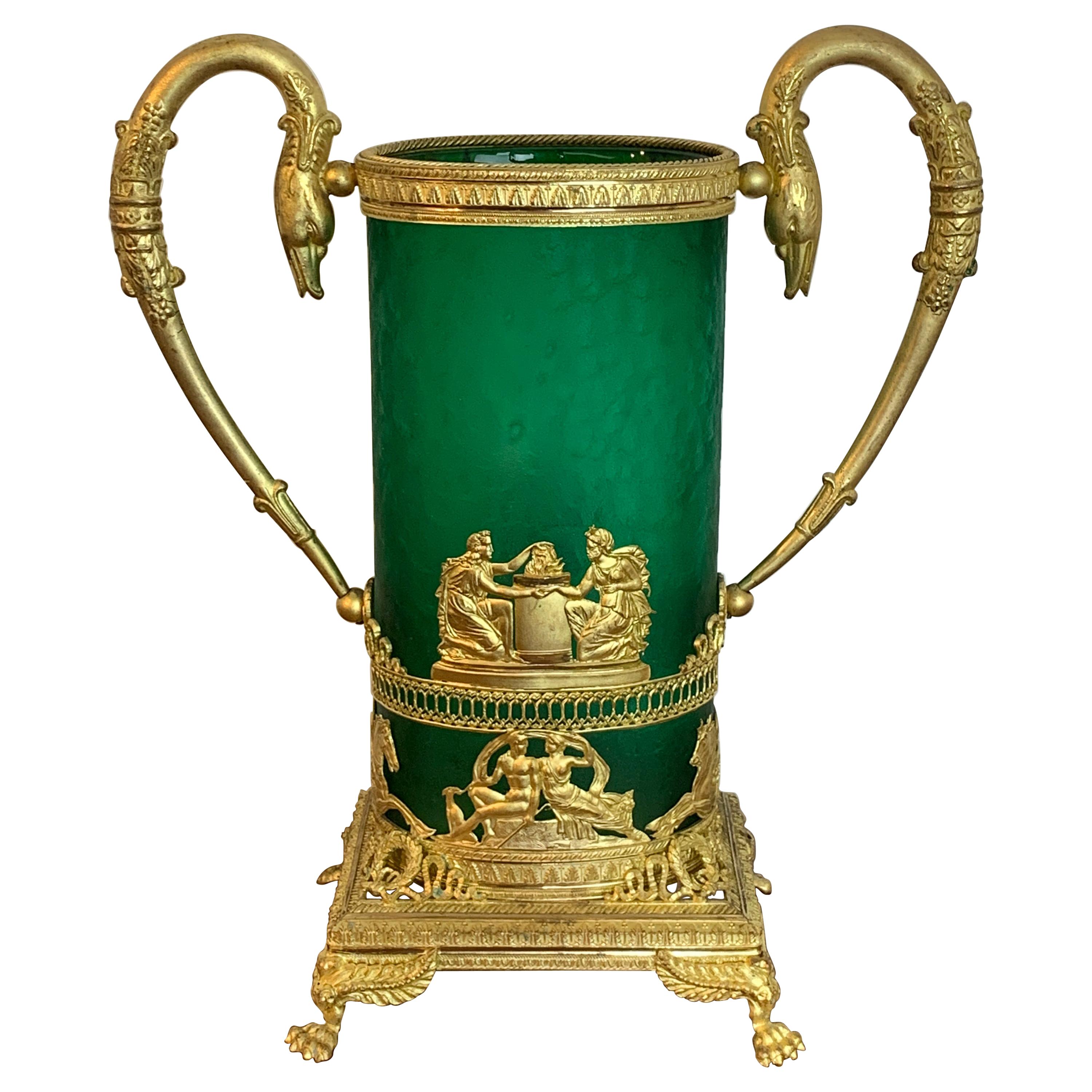 Exquisite Baccarat Empire Style Ormolu Mounted Vase, in Green