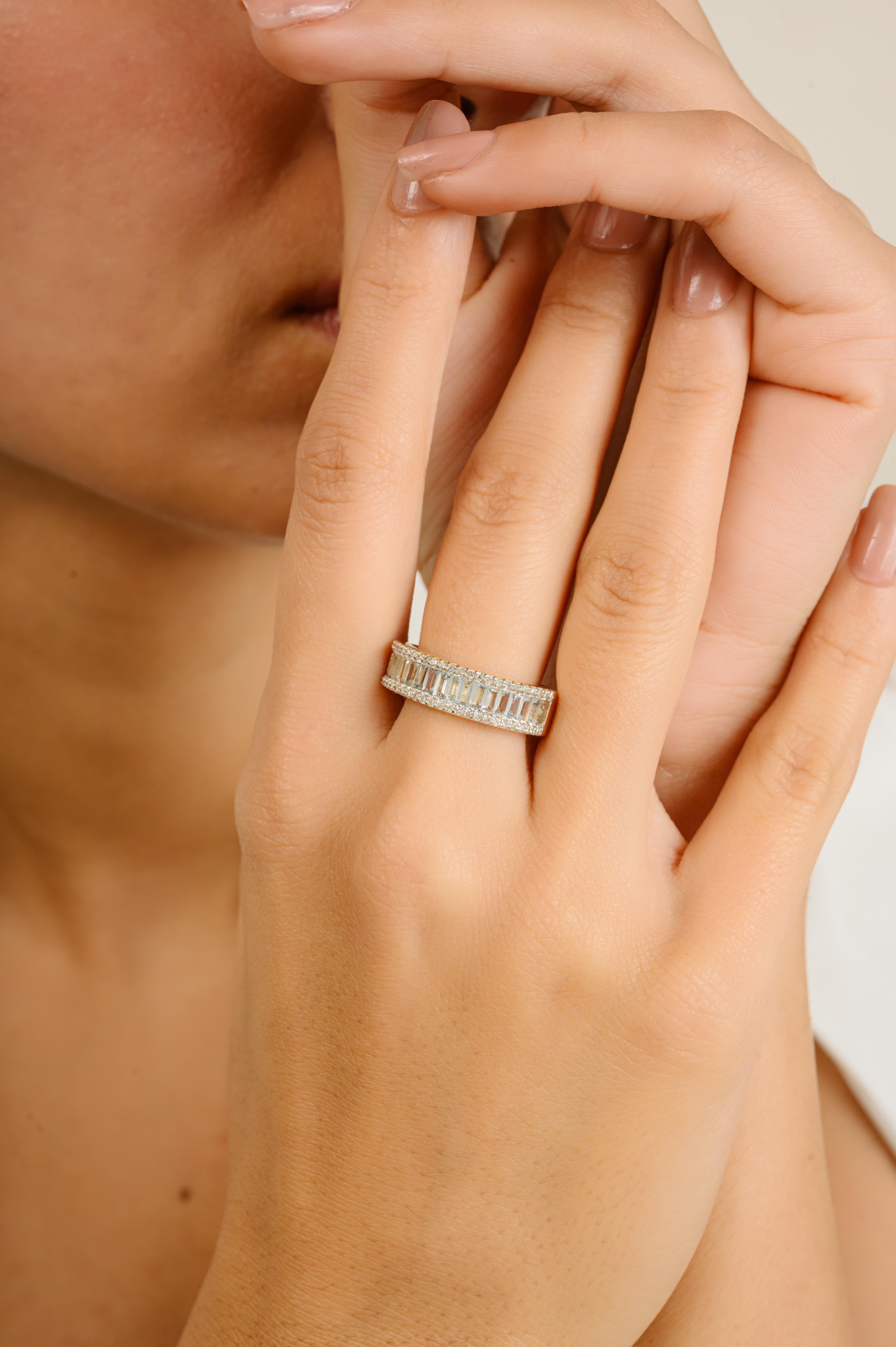 For Sale:  Exquisite Baguette Cut Blue Topaz Diamond Eternity Band Ring in 14k Yellow Gold 4