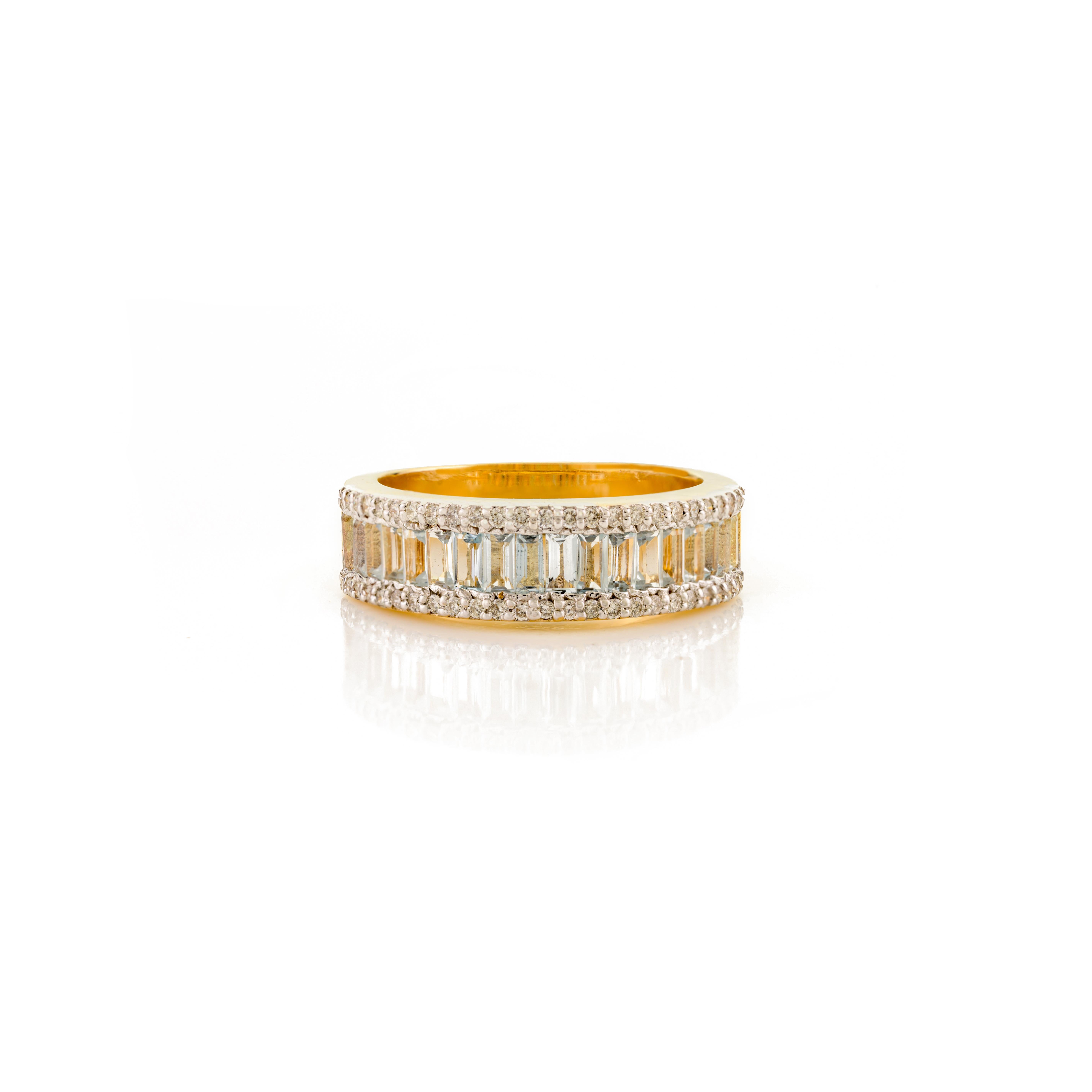 For Sale:  Exquisite Baguette Cut Blue Topaz Diamond Eternity Band Ring in 14k Yellow Gold 5