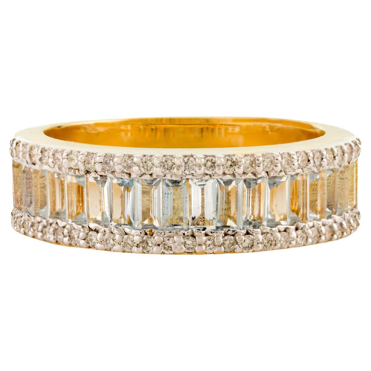 Exquisite Baguette Cut Blue Topaz Diamond Eternity Band Ring in 14k Yellow Gold
