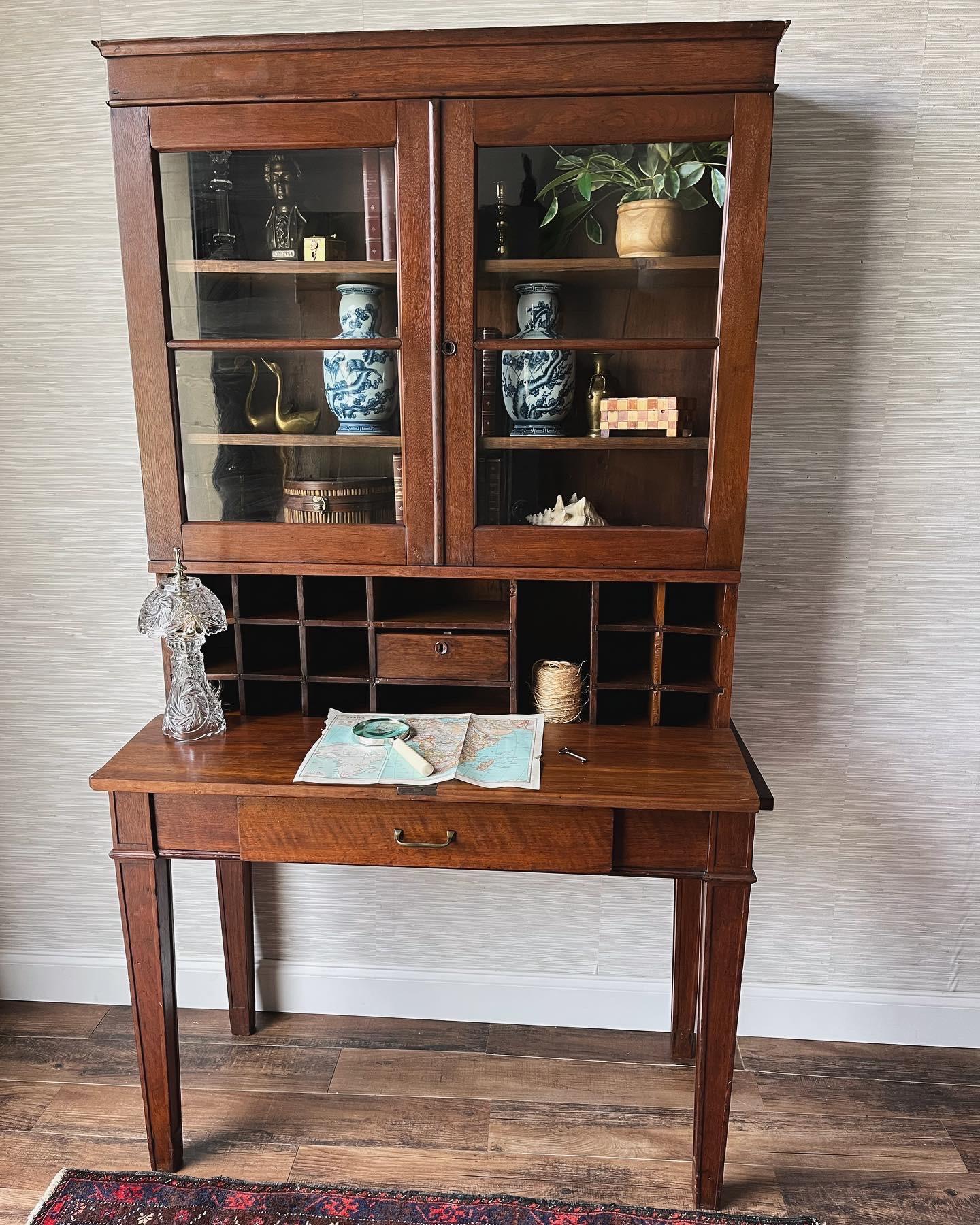 Exquisite Bench-Made Antique Drop Front Desk With Original Hand Blown Glass