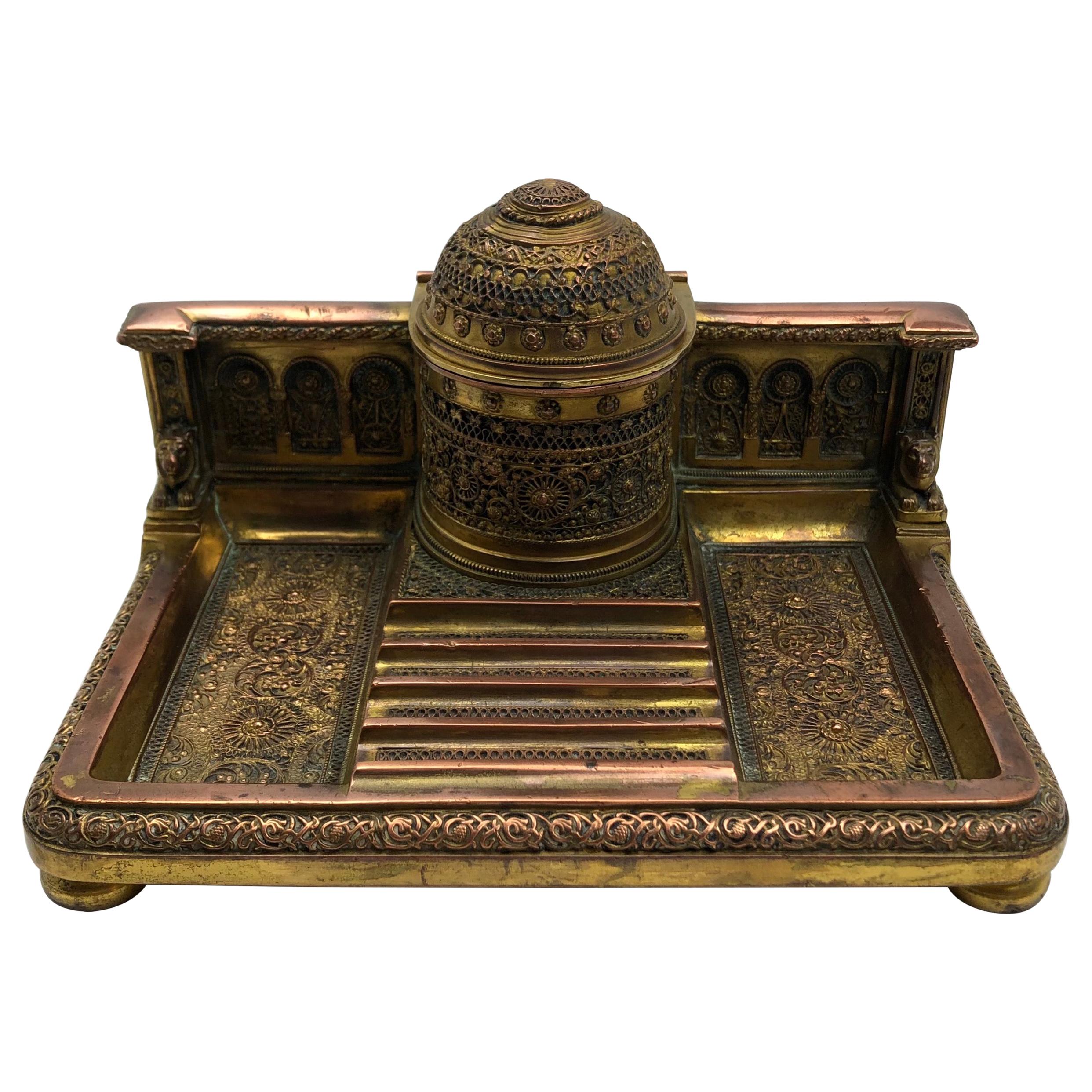 French Empire Napoleon III Bizantine Bronze Ormolu Inkwell or Inkstand