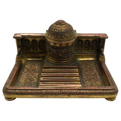 Antique French Empire Napoleon III Bizantine Bronze Ormolu Inkwell or Inkstand