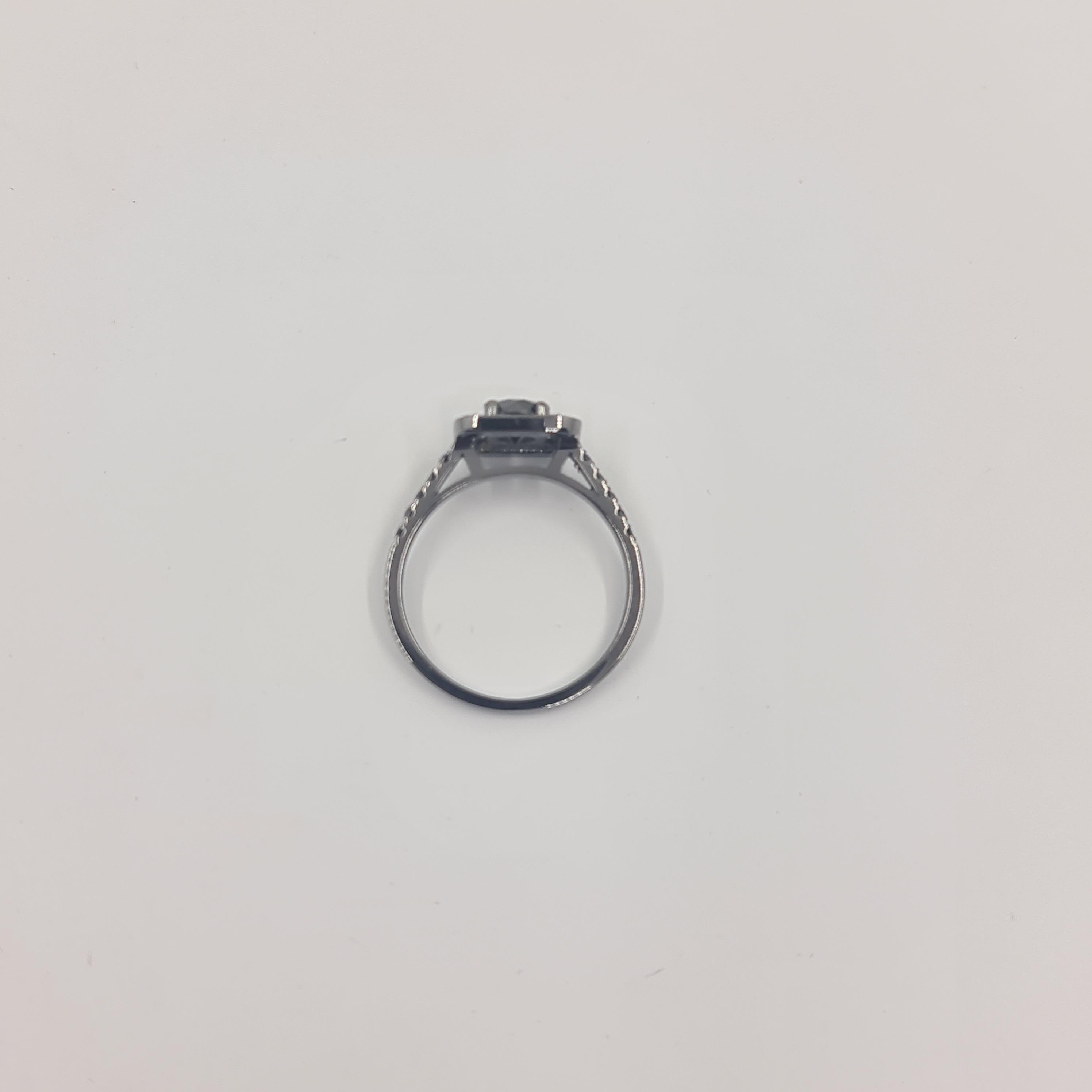 Women's Exquisite Black Diamond Halo Ring 0.88 Carat in 18K Black Gold Round Cut For Sale