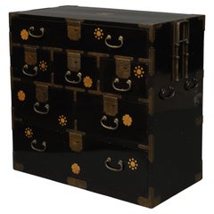Exquisite Black Lacquer Ishô'dansu with Gold Family Crests & Detailed Hardware