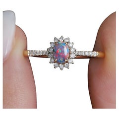 Exquisite Black Opal & Halo Diamond Engagement Ring 18K Yellow Gold