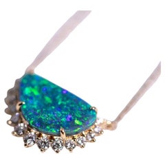 Exquisite Black Opal Halo Diamond Necklace 18K Yellow Gold