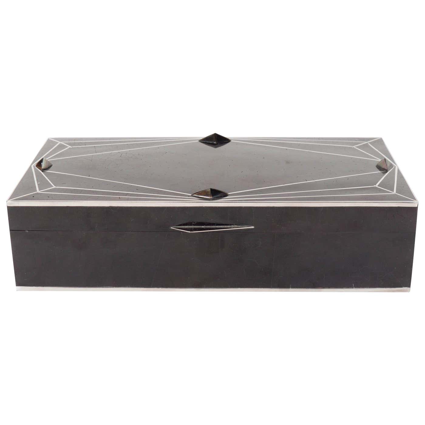 Exquisite Black Tab Shell Box with Silvered Inlay with Art Deco Diamond ...