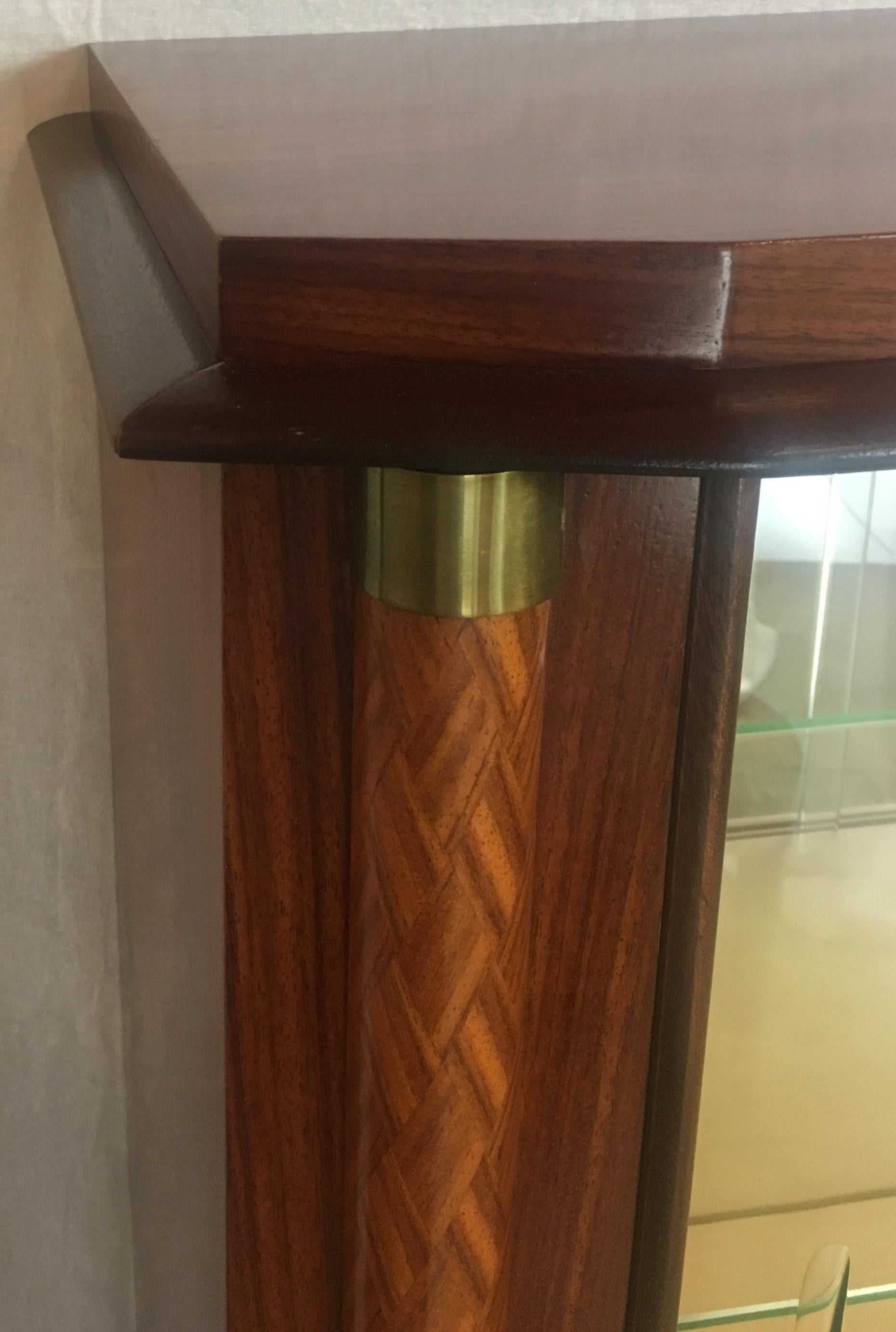 Marquetry Jules Leleu Modernist Dry Bar Cabinet, French Art Deco Display Cabinet For Sale