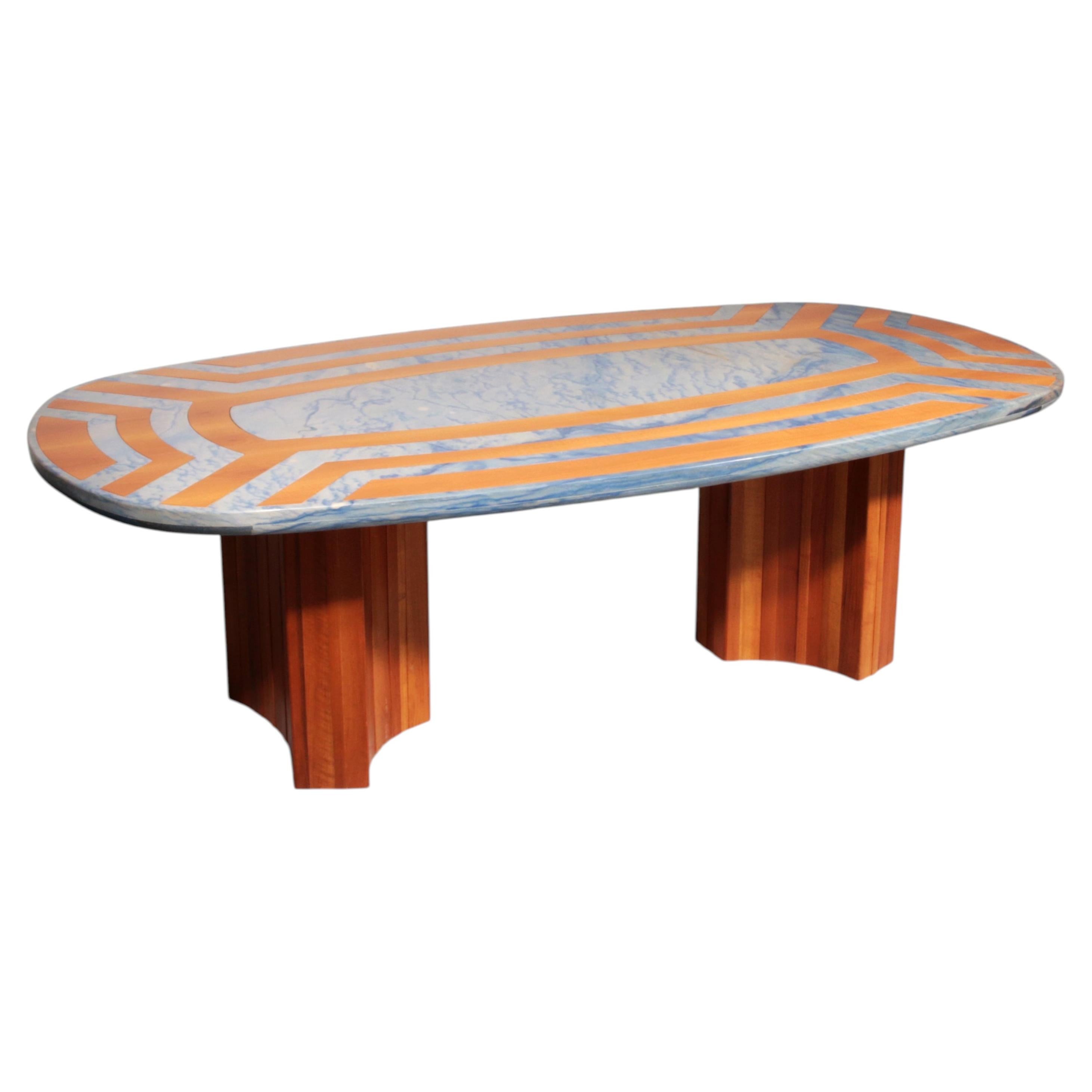 Exquisite Blue Brazilian Marble Tabletop with Hand-Inlaid Wood