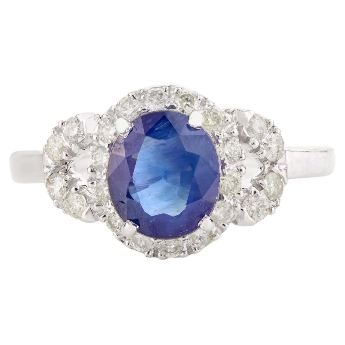 For Sale:  Exquisite Blue Sapphire and Diamond Engagement Ring in 14k White Gold
