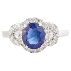 Exquisite Blue Sapphire and Diamond Engagement Ring in 14k White Gold