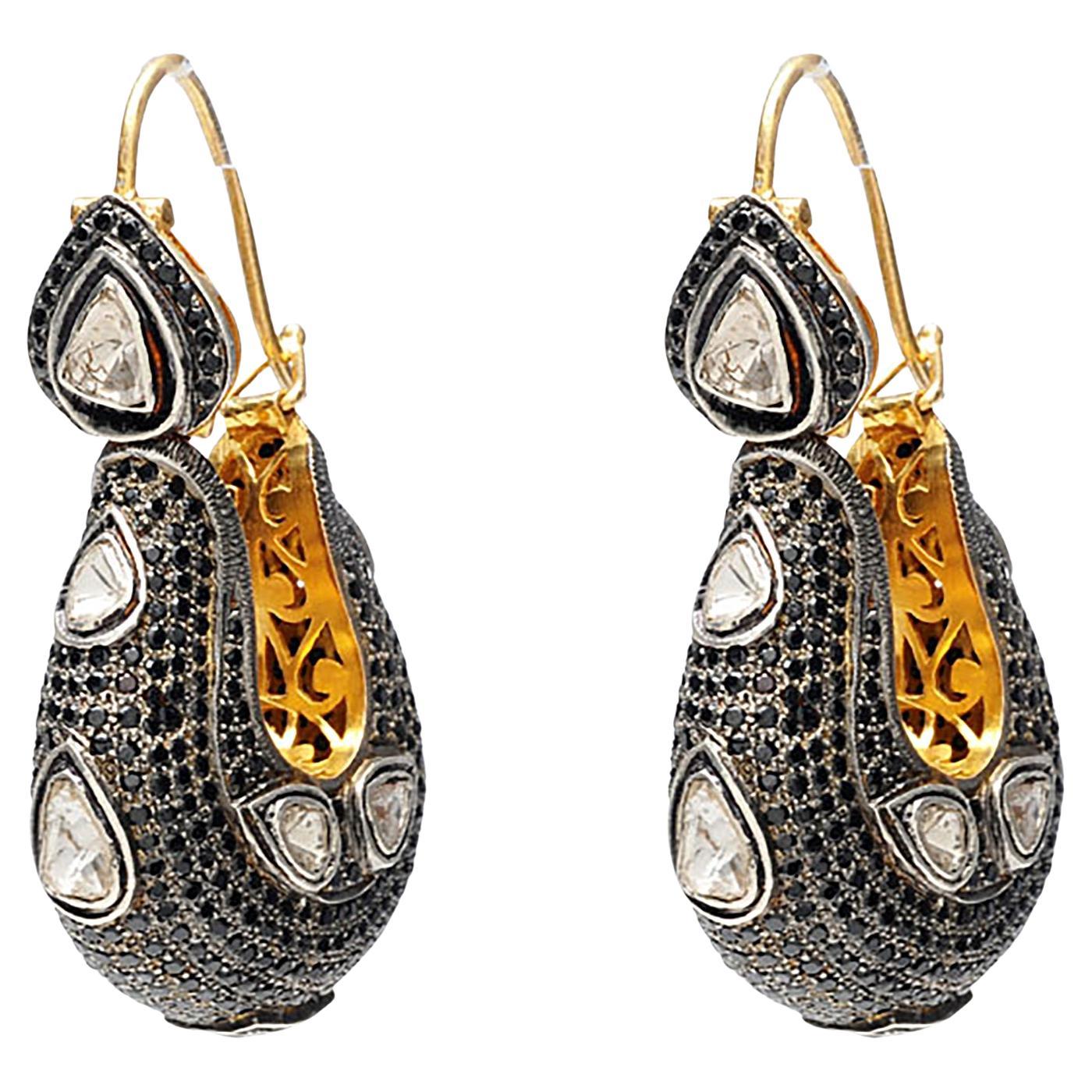 Exquisite Blue Sapphire Pavé & Polki Diamond Statement Dangles in 14k Gold