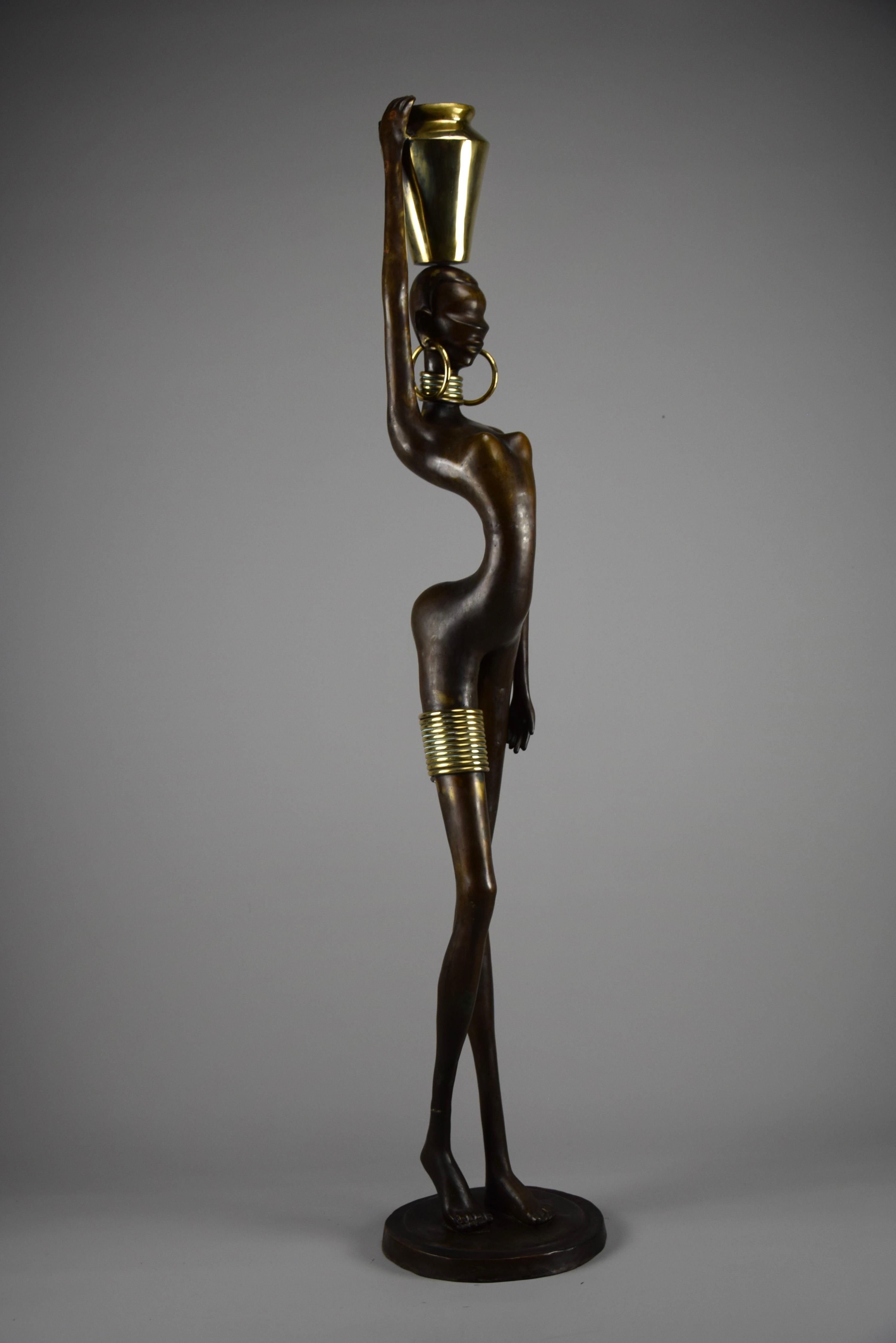 Exquisite Brass and Copper Mid Century Modern African Female Sculpture For Sale 4