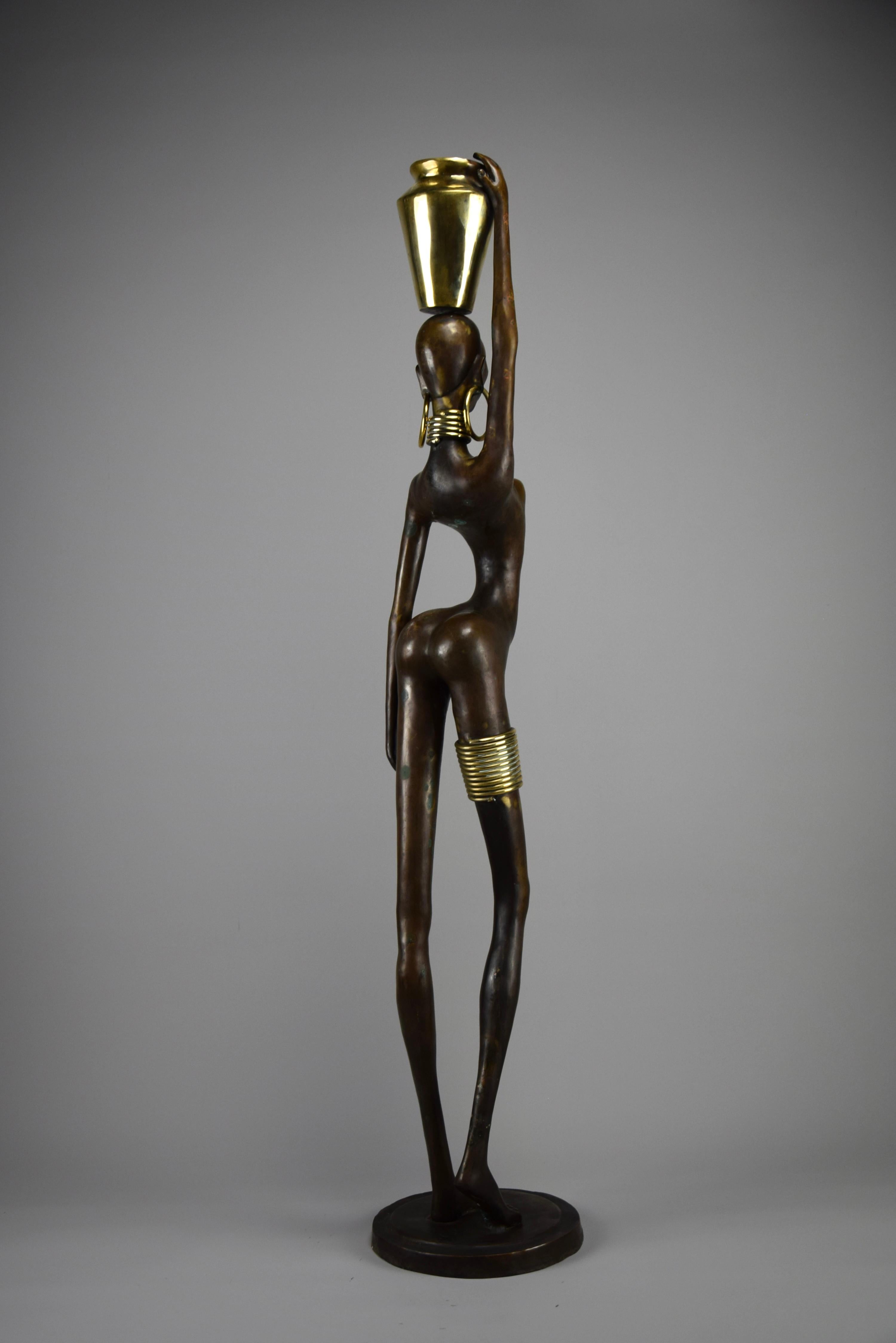 Exquisite Brass and Copper Mid Century Modern African Female Sculpture For Sale 5