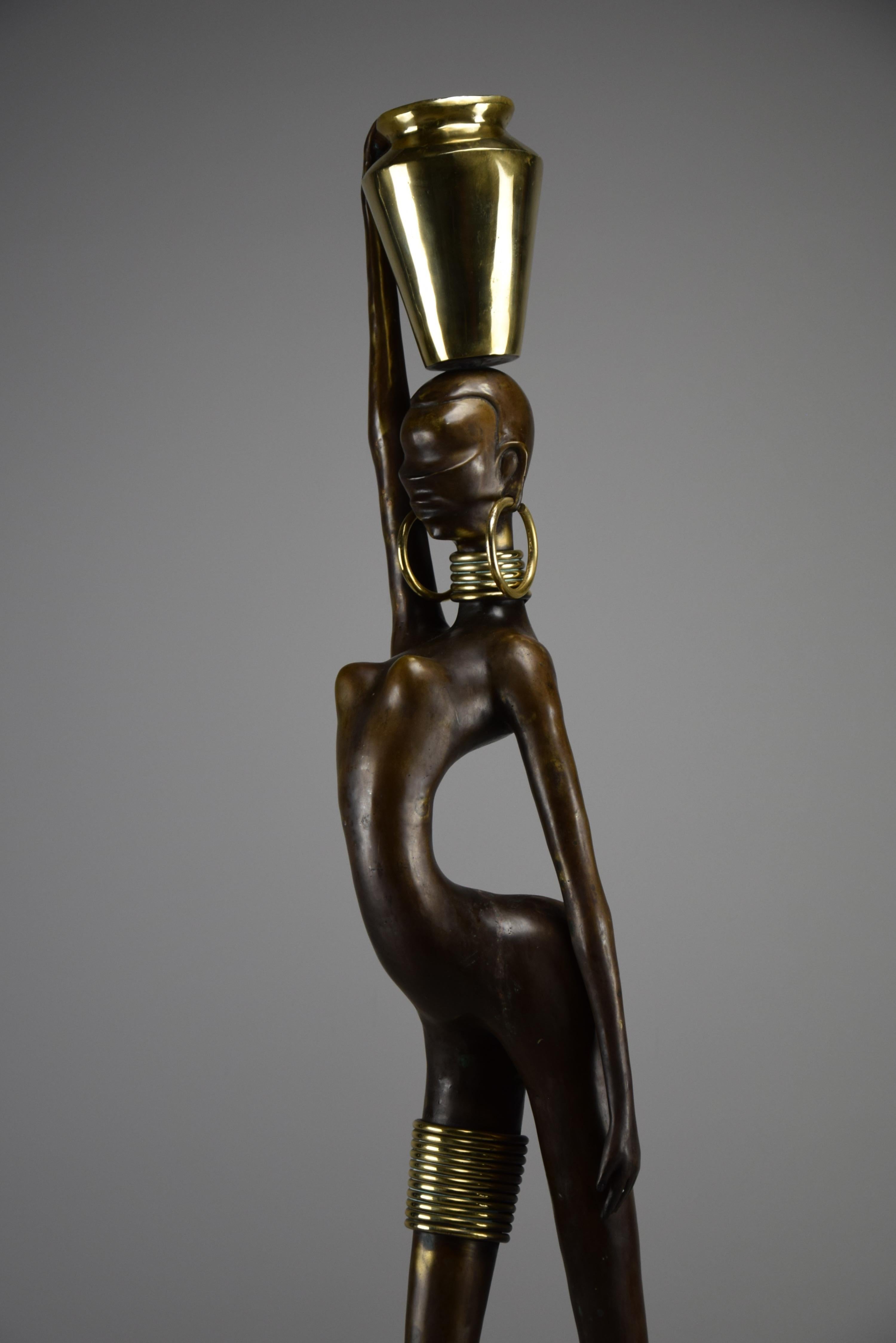 Late 20th Century Exquisite Brass and Copper Mid Century Modern African Female Sculpture For Sale