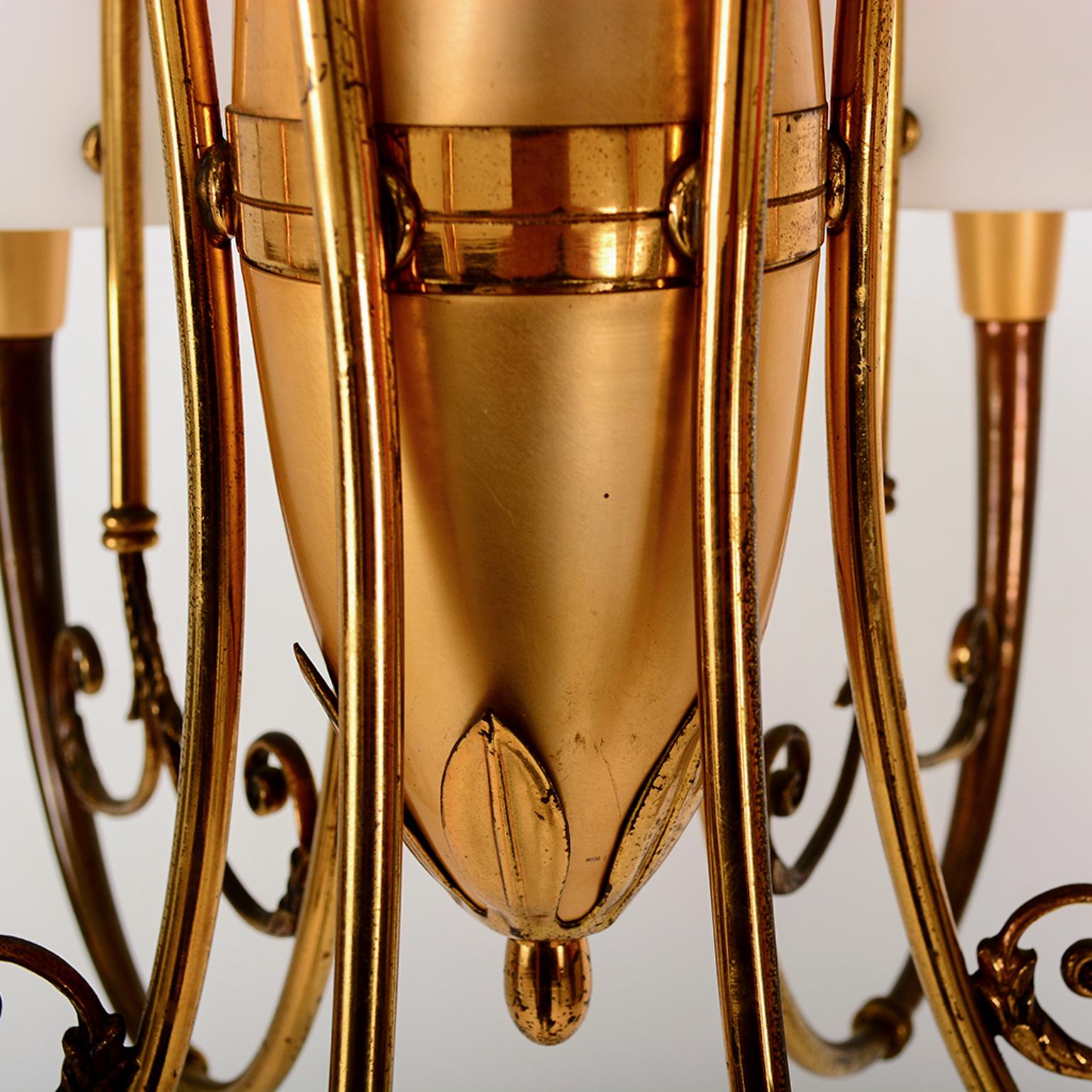 Mid-20th Century Exquisite Brass Multi Tone Sculpted Chandelier with Opaline Glass, 1950, Italy
