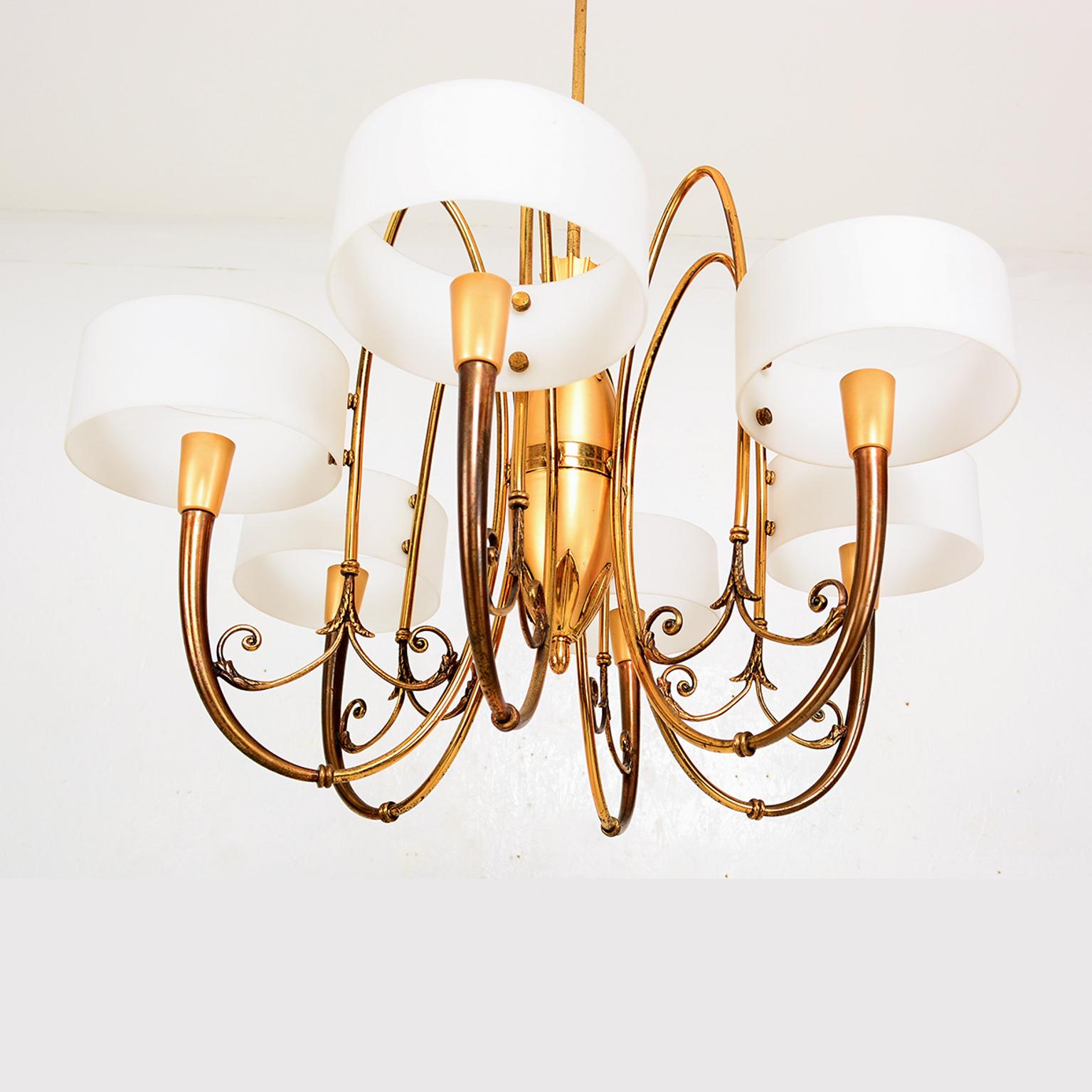 Exquisite Brass Multi Tone Sculpted Chandelier with Opaline Glass, 1950, Italy 2