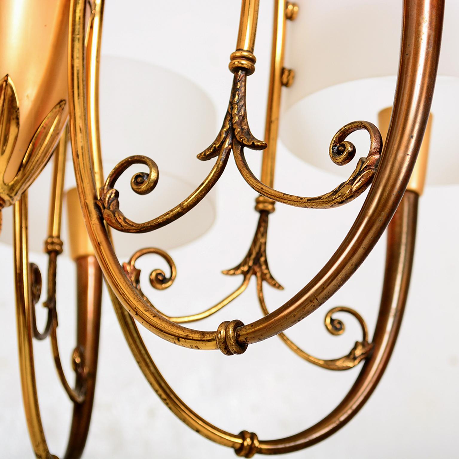 Exquisite Brass Multi Tone Sculpted Chandelier with Opaline Glass, 1950, Italy 3