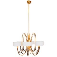 Exquisite Brass Multi Tone Sculpted Chandelier with Opaline Glass, 1950, Italy