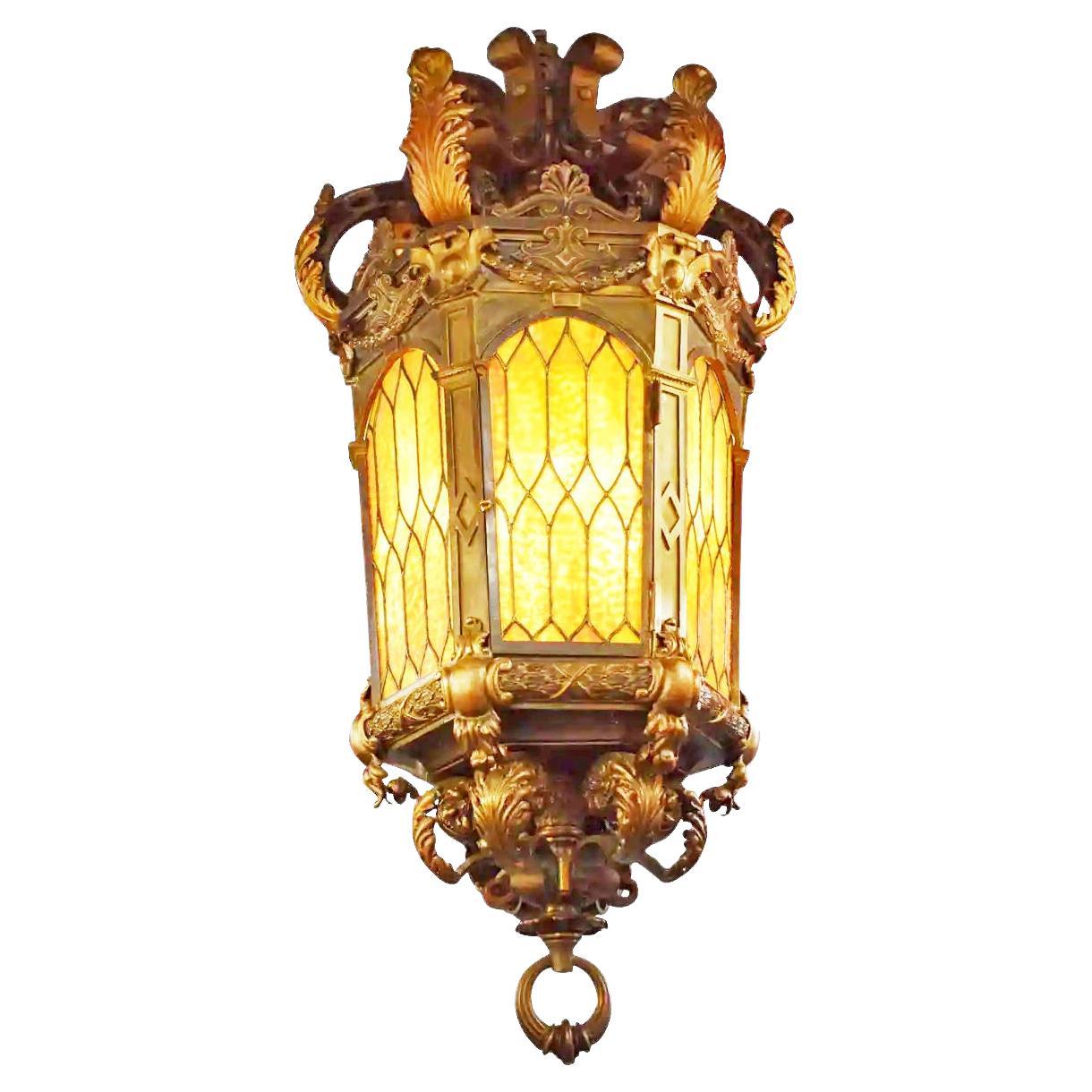 Exquisite Bronze Lantern with Stained Glass Panels For Sale