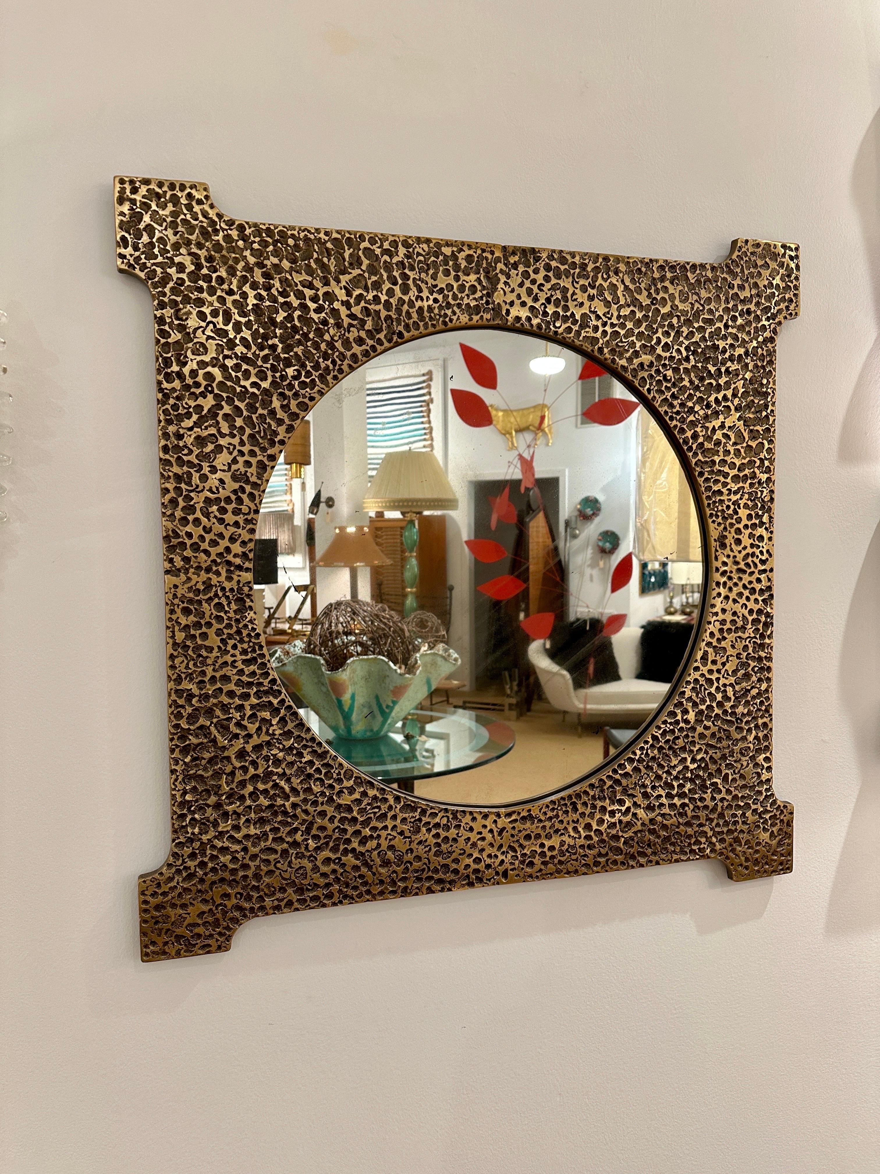 Exquisite Brutal Hammered Bronze Wall Mirror In Good Condition For Sale In East Hampton, NY