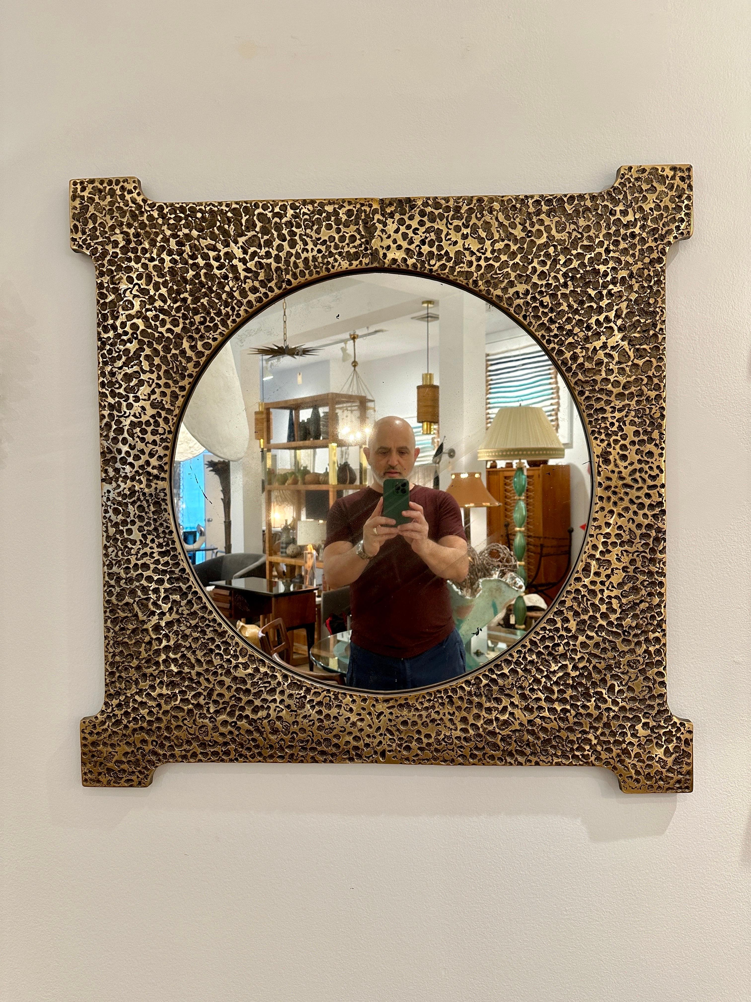 Late 20th Century Exquisite Brutal Hammered Bronze Wall Mirror For Sale