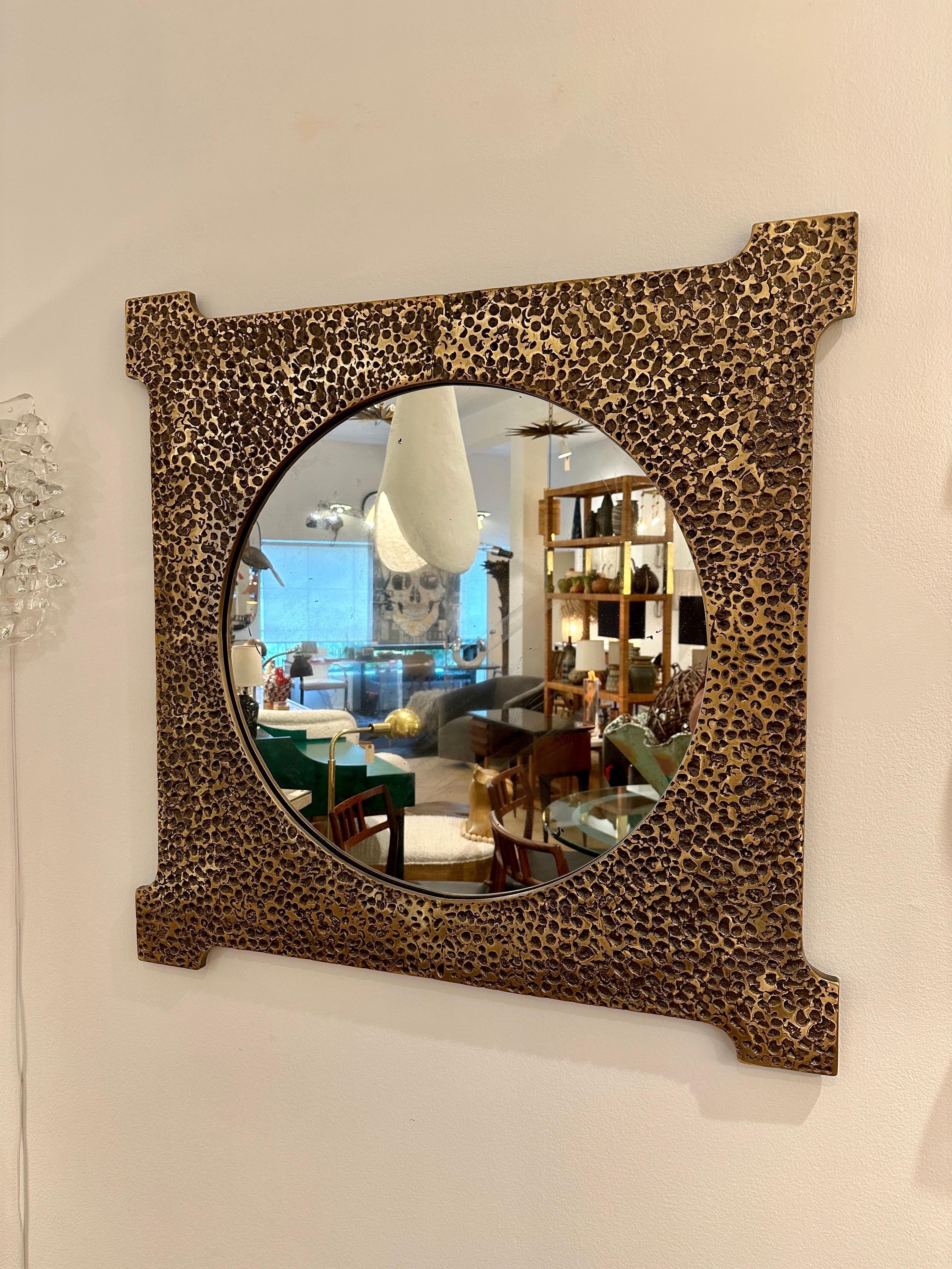 Exquisite Brutal Hammered Bronze Wall Mirror For Sale 1