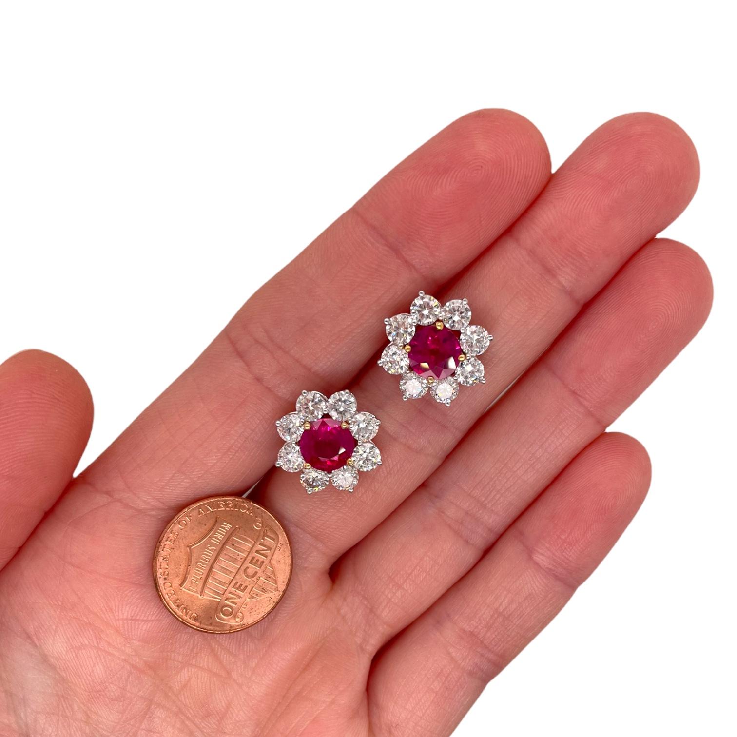 Round Cut Exquisite Certified Burmese Ruby & Diamond Cluster Earrings For Sale