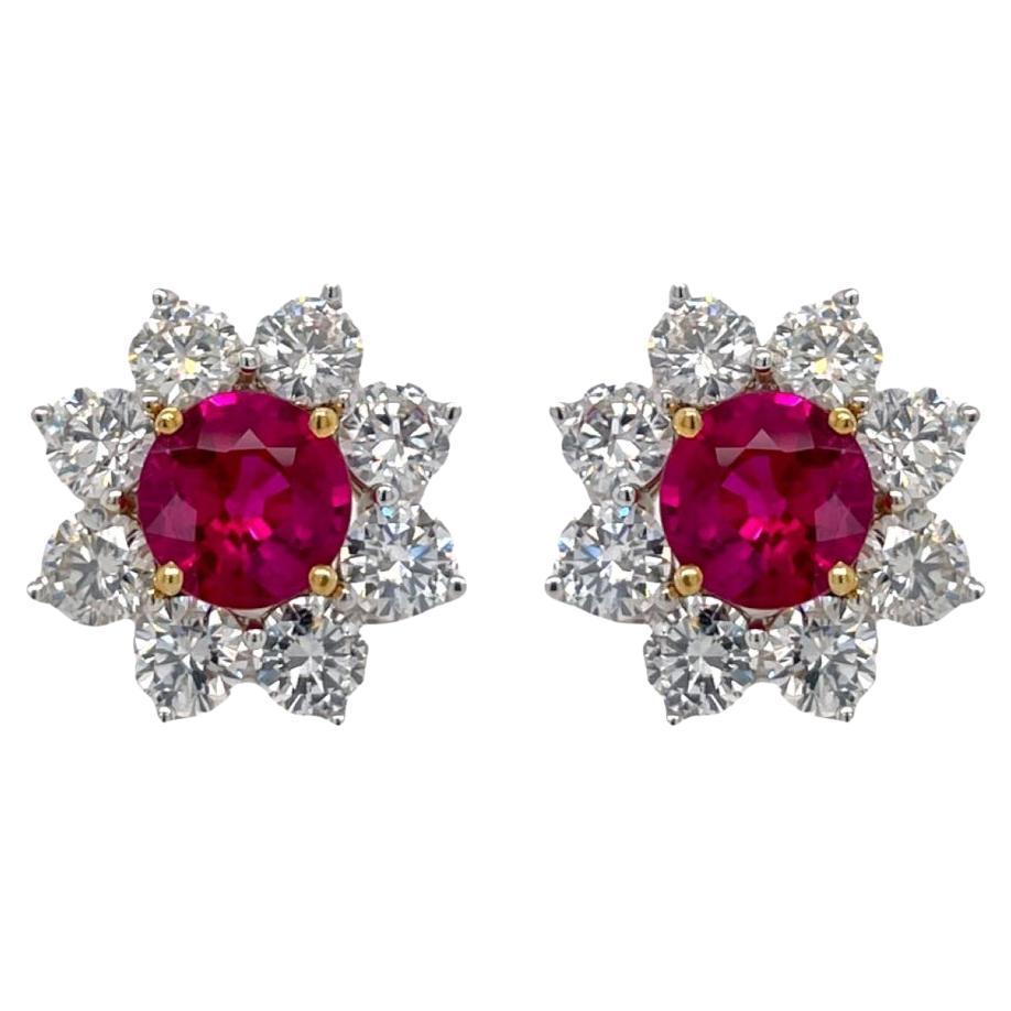 Exquisite Certified Burmese Ruby & Diamond Cluster Earrings For Sale