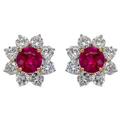 Exquisite Certified Burmese Ruby & Diamond Cluster Earrings