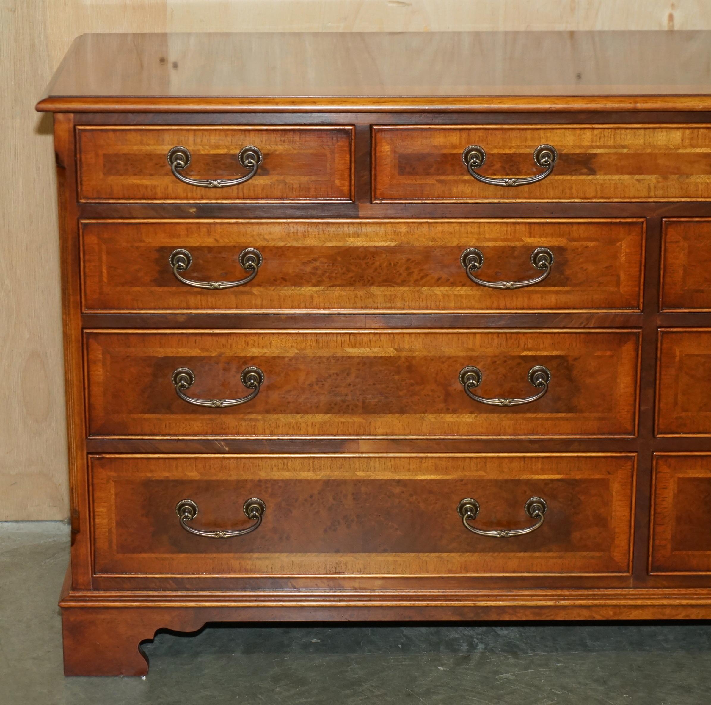 English EXQUISITE BURR & BURL WALNUT SIDEBOARD BANK OR CHEST OF DRAWERS STUNNiNG PATINA For Sale