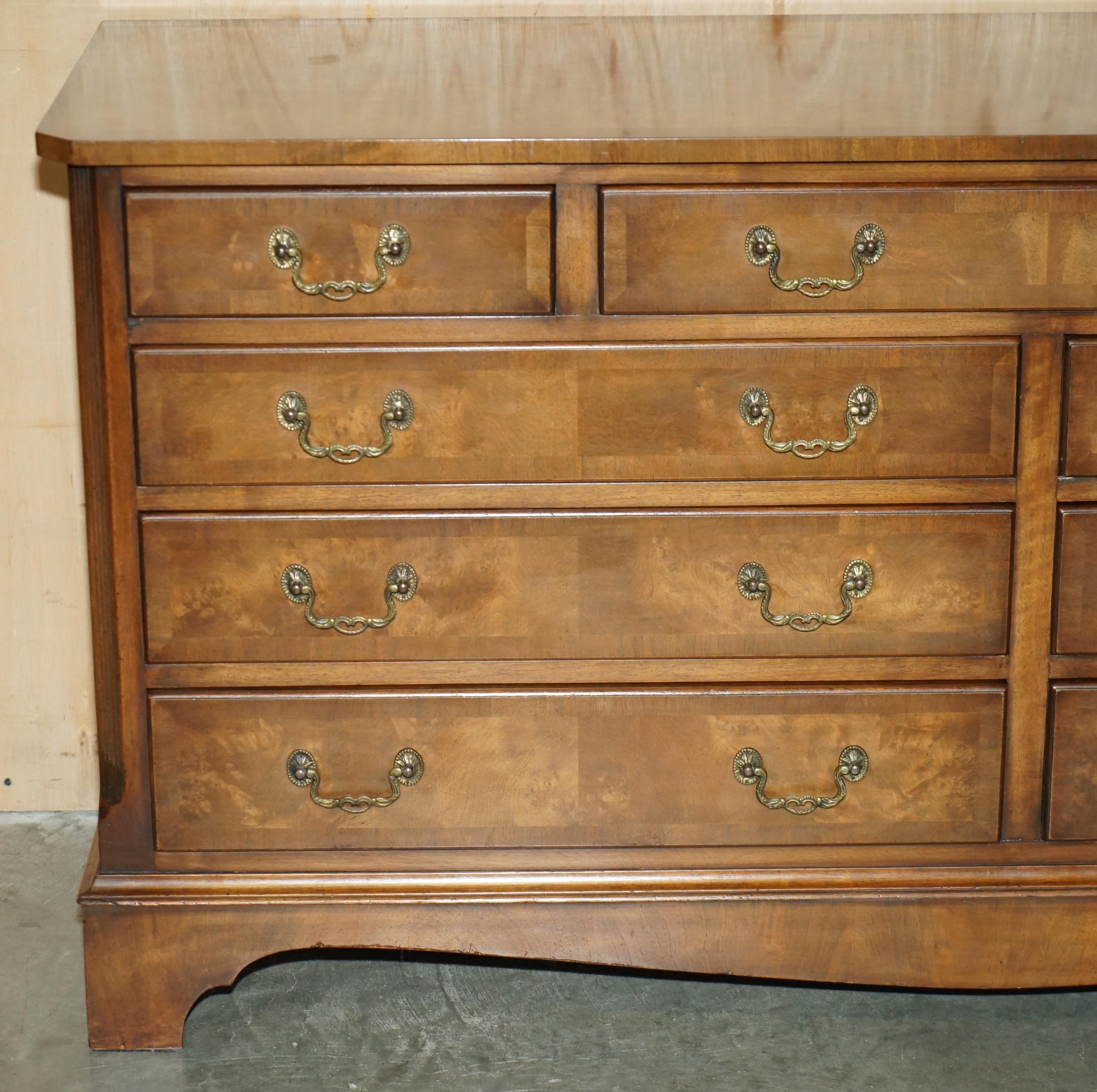 English EXQUISITE BURR & BURL WALNUT SiDEBOARD BANK OR CHEST OF DRAWERS SUBLIME PATINA For Sale