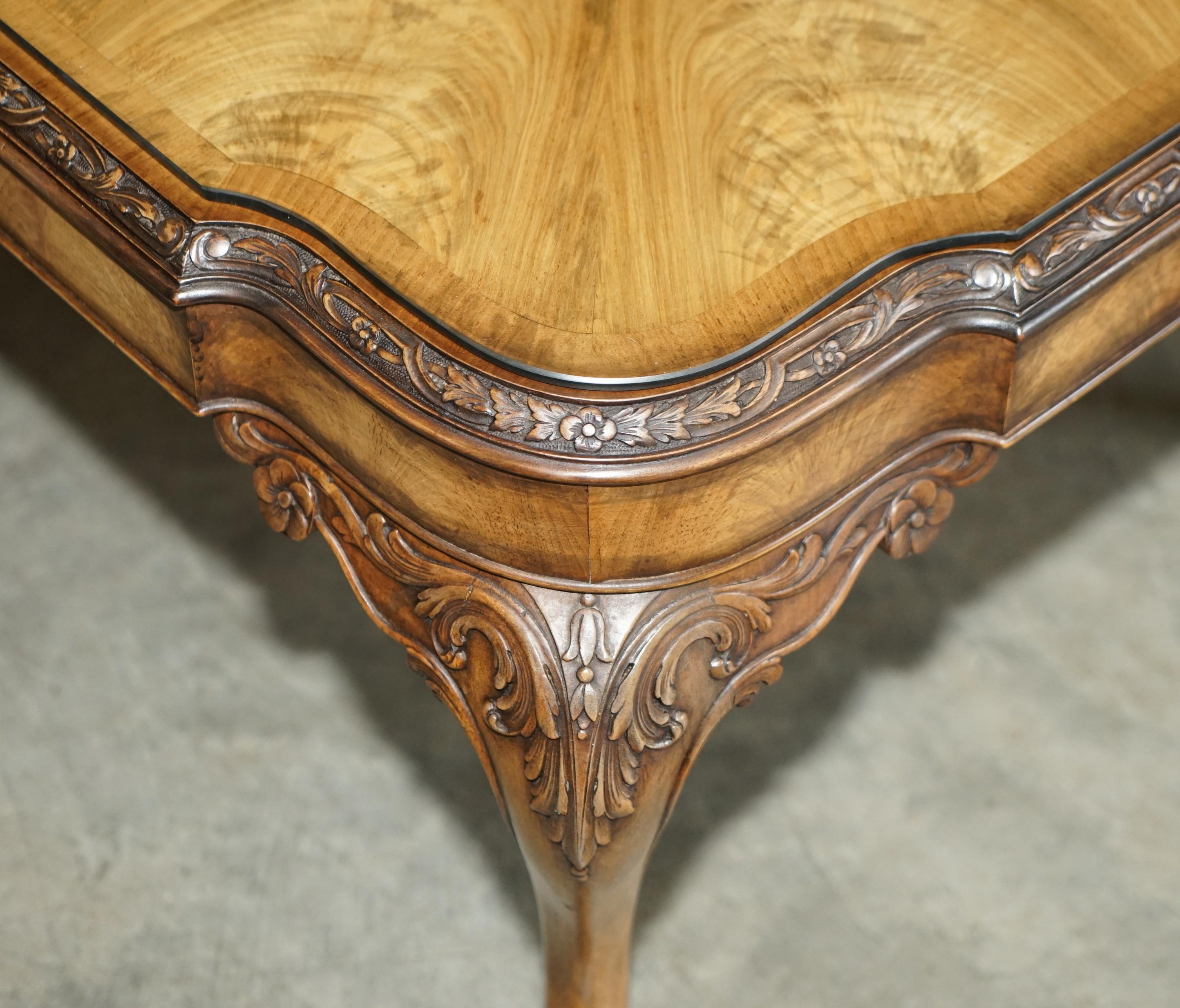 Exquisite Burr Walnut Coffee Cocktail Table with Ornately Carved Cabriole Legs For Sale 4