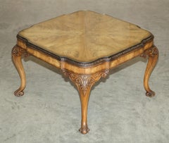 Exquisite Burr Walnut Coffee Cocktail Table with Ornately Carved Cabriole Legs