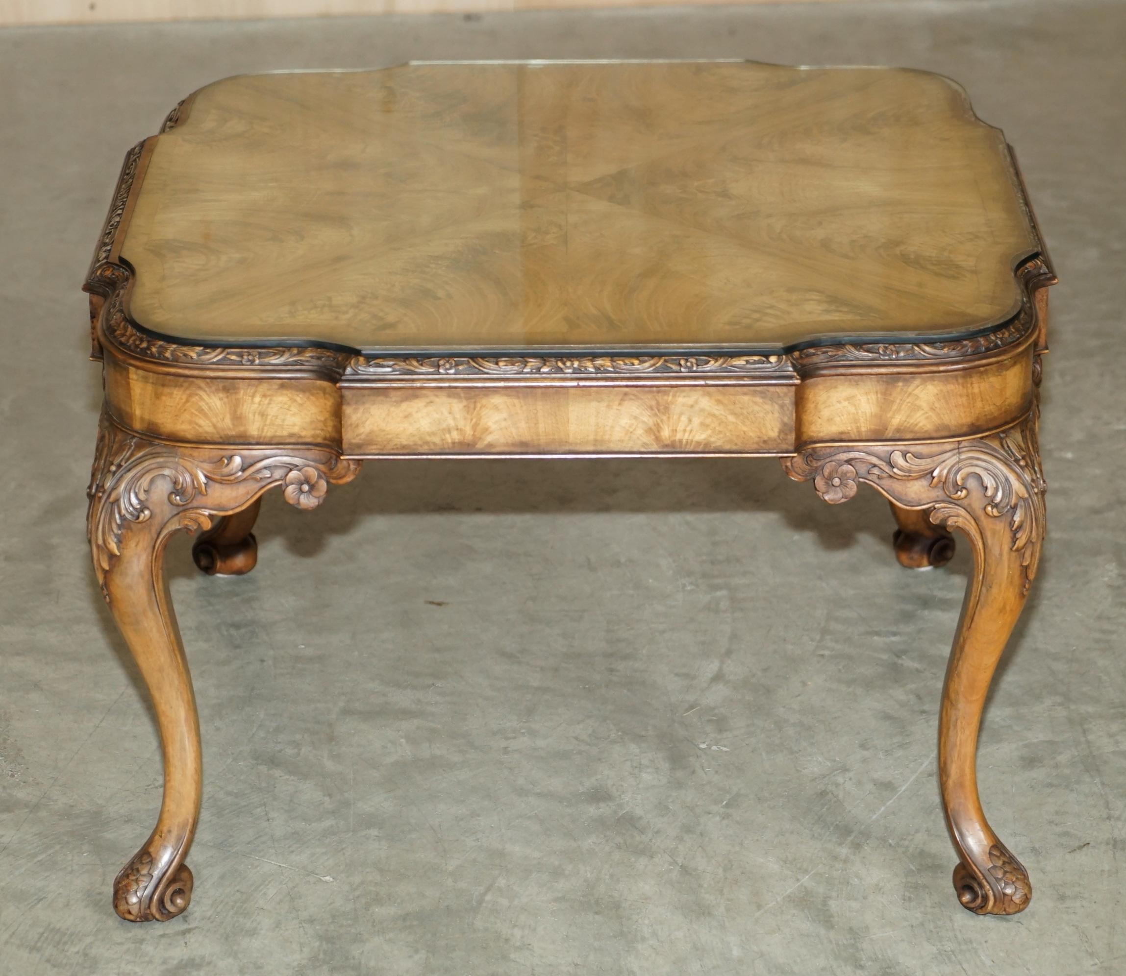 Victorian Exquisite Burr Walnut Coffee Cocktail Table with Ornately Carved Cabriole Legs For Sale