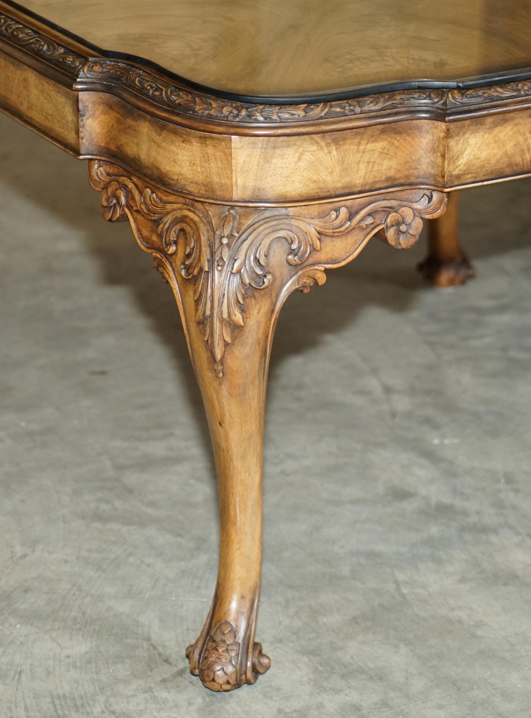English Exquisite Burr Walnut Coffee Cocktail Table with Ornately Carved Cabriole Legs For Sale