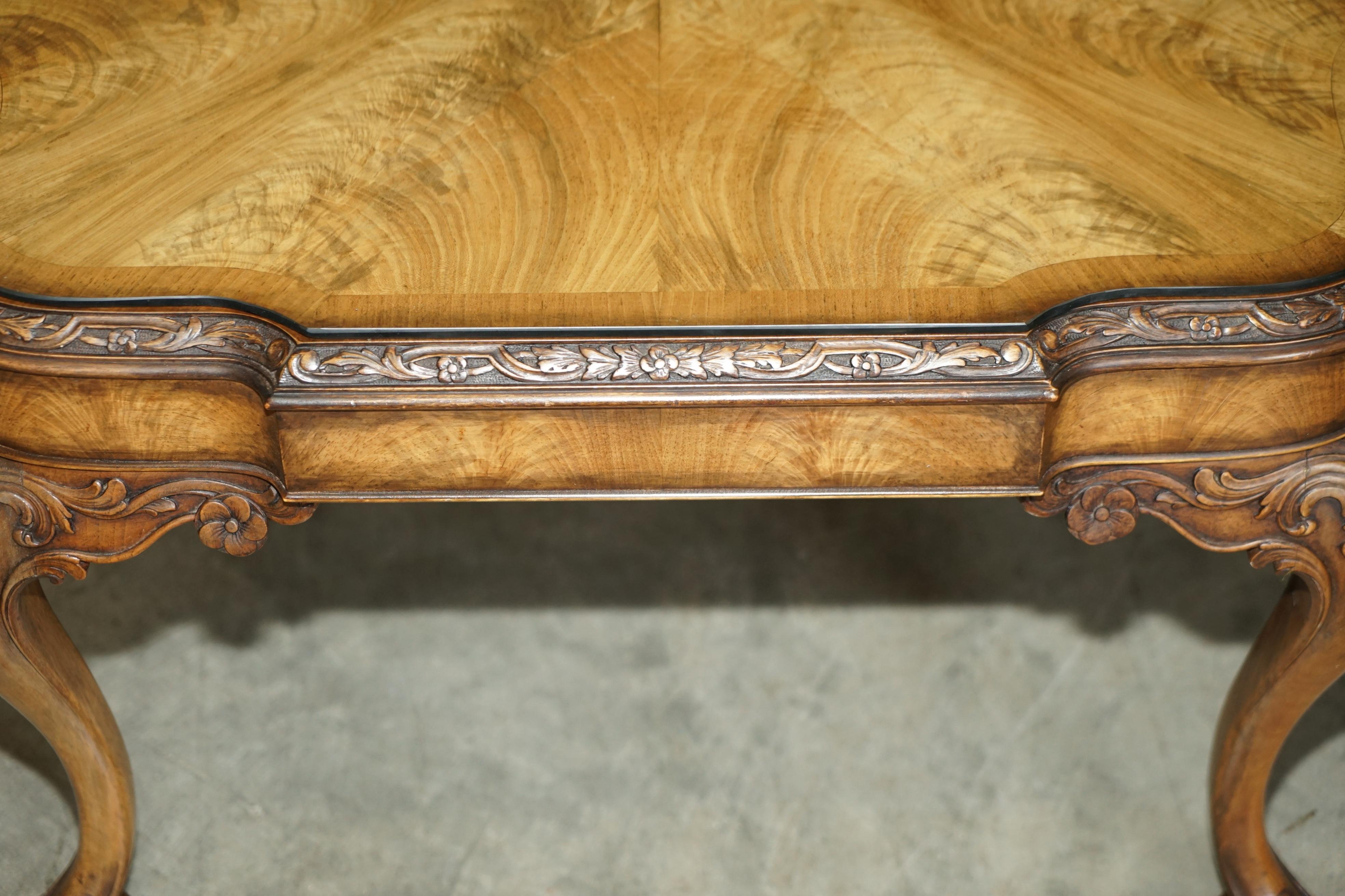 Exquisite Burr Walnut Coffee Cocktail Table with Ornately Carved Cabriole Legs For Sale 3