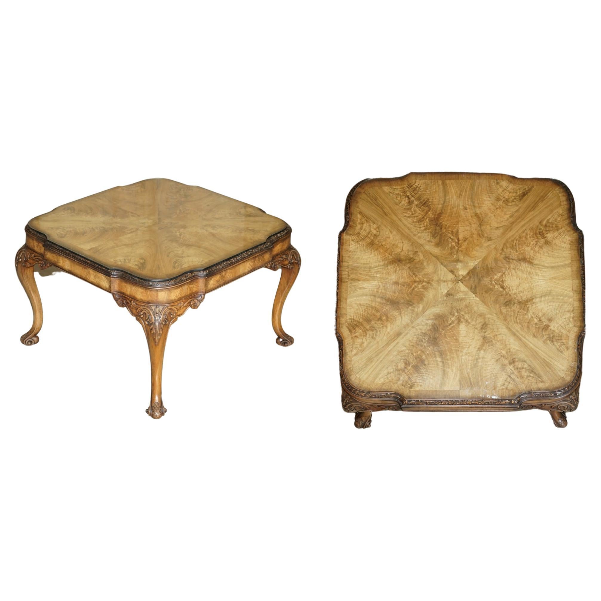 Exquisite Burr Walnut Coffee Cocktail Table with Ornately Carved Cabriole Legs For Sale