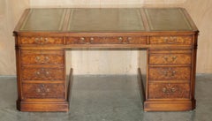 EXQUISITE BURR WALNUT GREEN LEATHER TWiN PEDESTAL PARTNER DESK BUTLERS SLIP TRAY