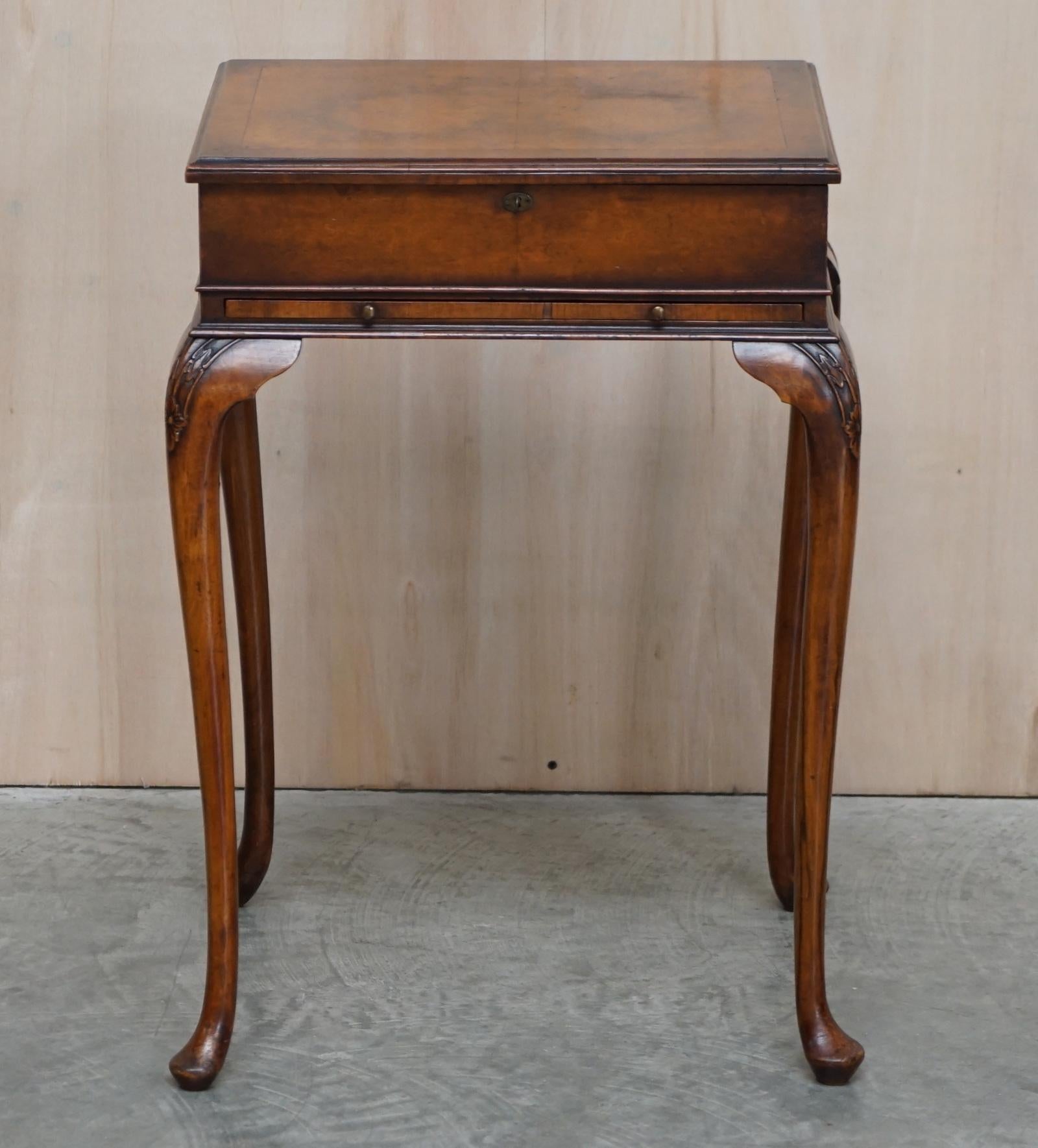 Late Victorian Exquisite Burr Walnut Jewellery Box Burr Walnut Side End Table with Glass Shelf For Sale