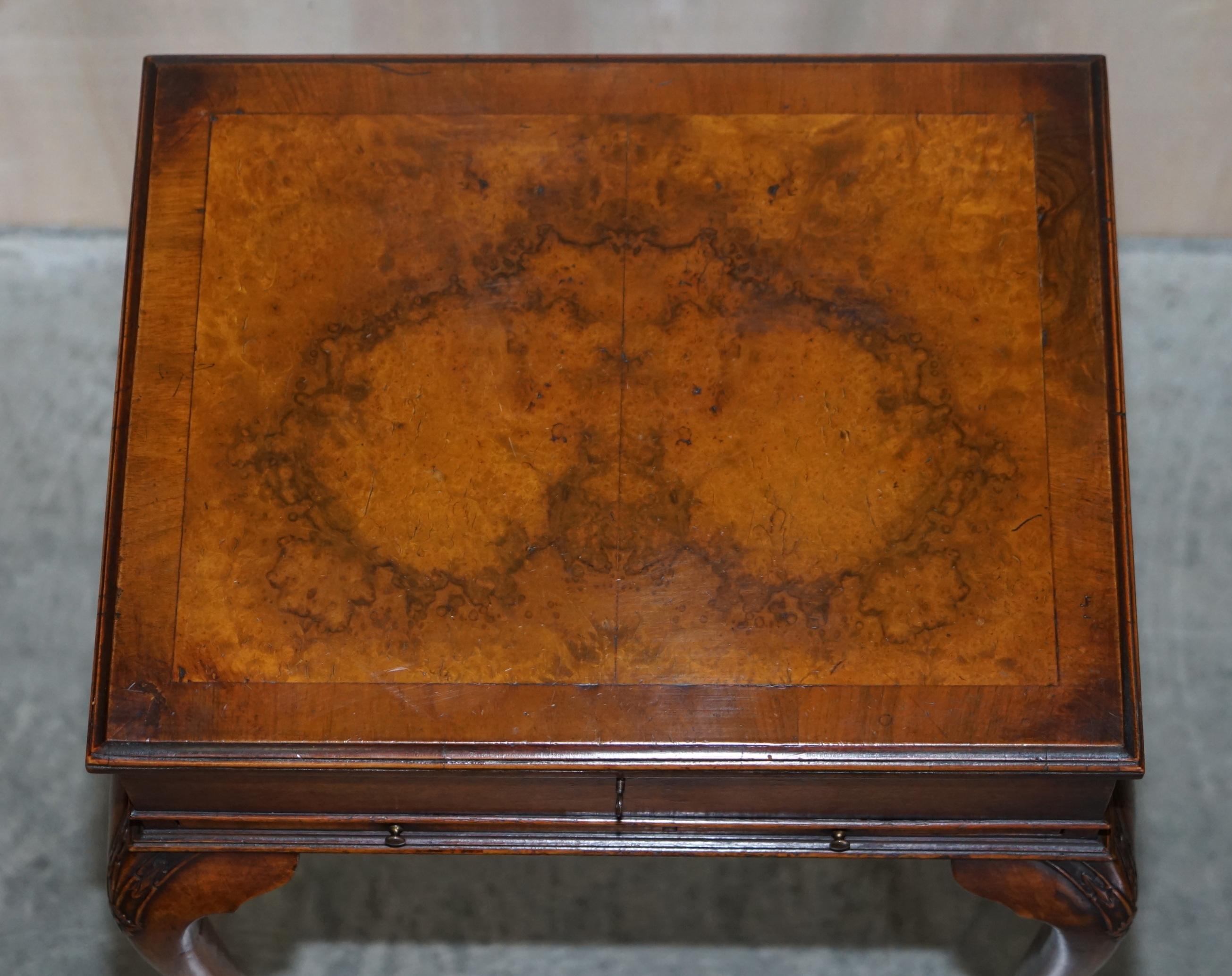 English Exquisite Burr Walnut Jewellery Box Burr Walnut Side End Table with Glass Shelf For Sale