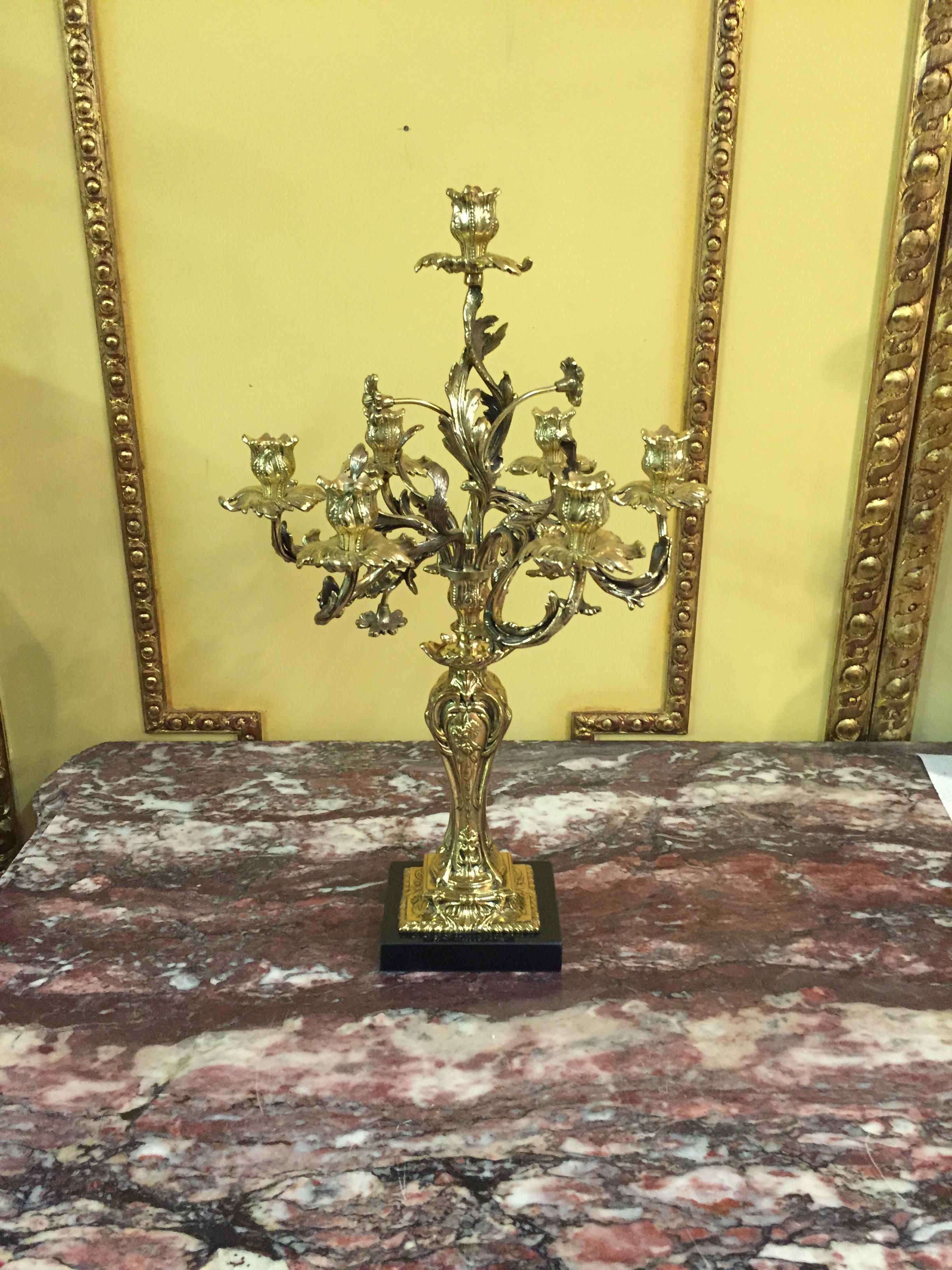 Bronzo finemente inciso. Sette bracci curvi a voluta in forma di vaso.
gommini. 

Misura:
Altezza: 55 cm, 
larghezza: 47 cm, 
profondità: 30 cm.