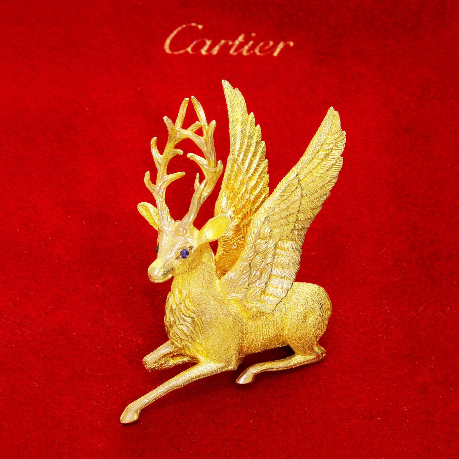Exquisite majestic Cartier Mythological 18k yellow gold winged reindeer / deer stag from a private collection.
The highest quality craftsmanship is evident throughout this piece. From the palm of the antler rack down to the shiny hooves, the