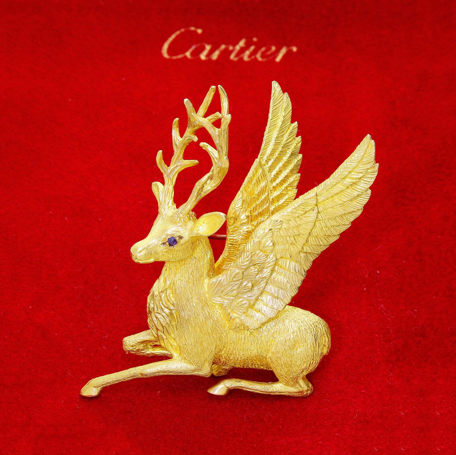 Modern Exquisite Cartier 18k Solid Gold Holiday Winged Reindeer / Deer Stag Brooch 25Gr