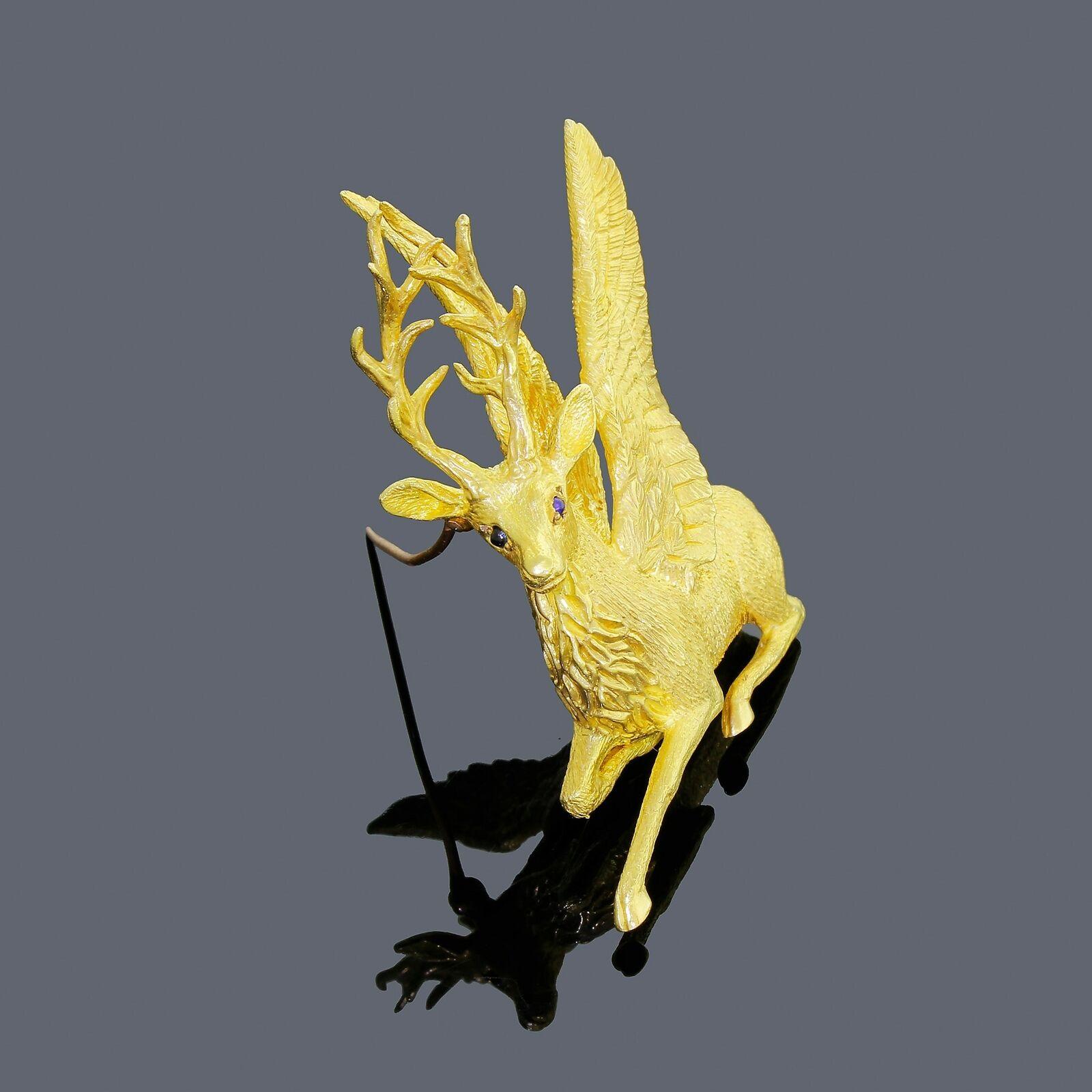 Exquisite Cartier 18k Solid Gold Holiday Winged Reindeer / Deer Stag Brooch 25Gr In Excellent Condition In Lauderdale by the Sea, FL